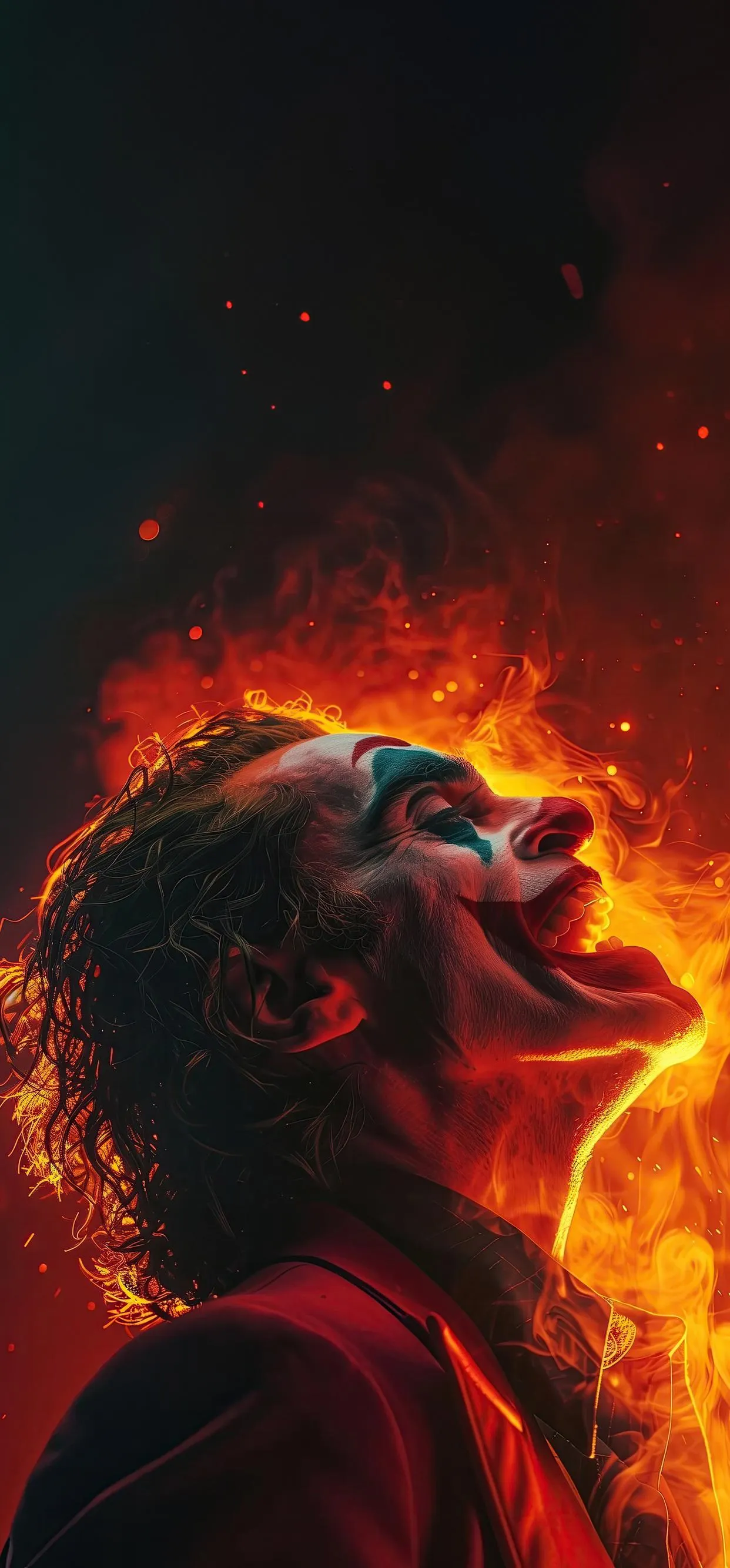 Fiery Joker Character in Dark Intense Flames Mobile Wallpaper