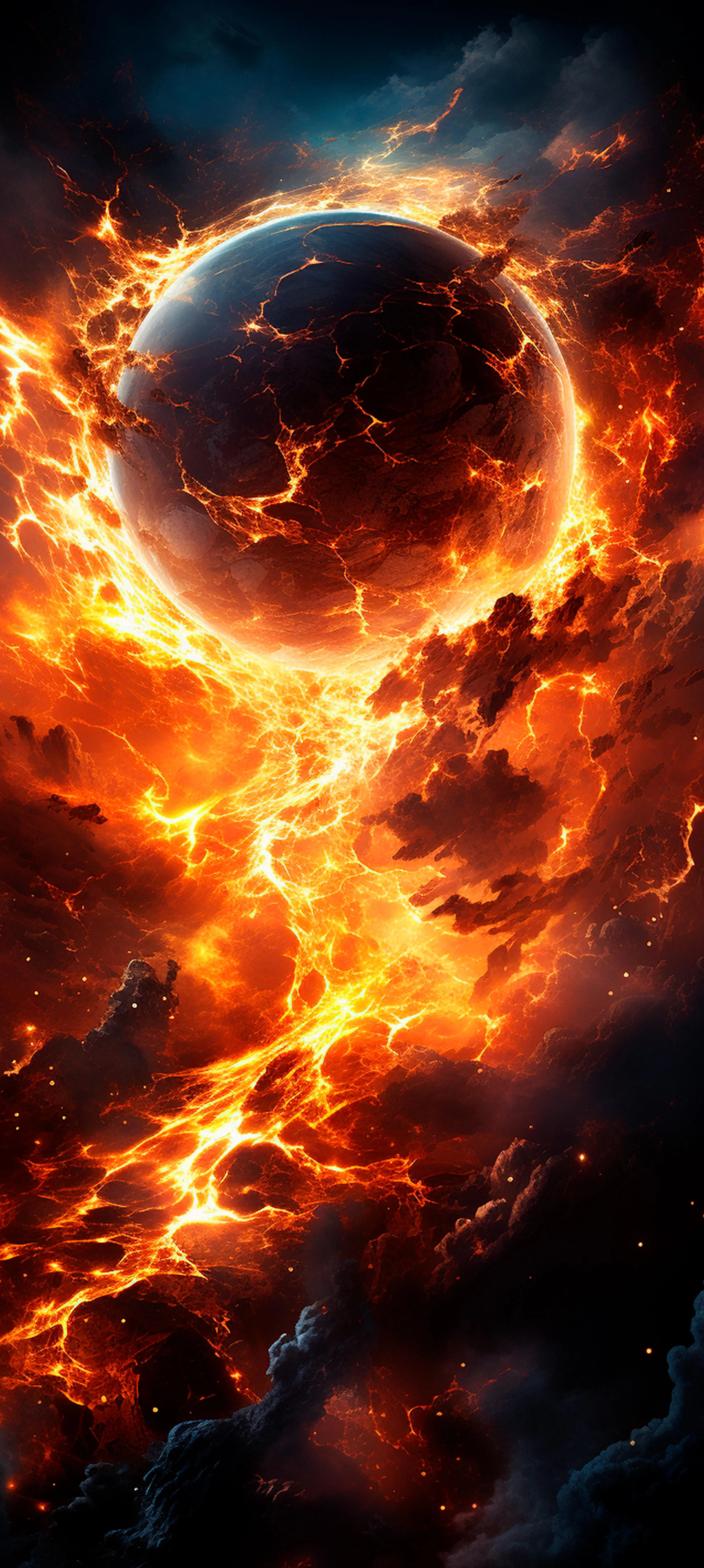 Fiery Orange and Black Planet Glowing in Deep Space