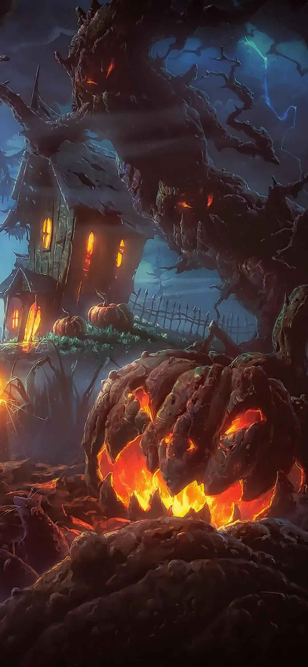 Fiery Pumpkin Lanterns in Dark Haunted Forest Wallpaper