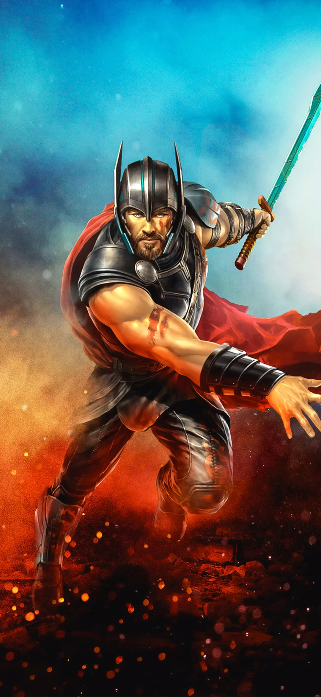 Fiery Thor Holding Sword Standing in Front of Flames