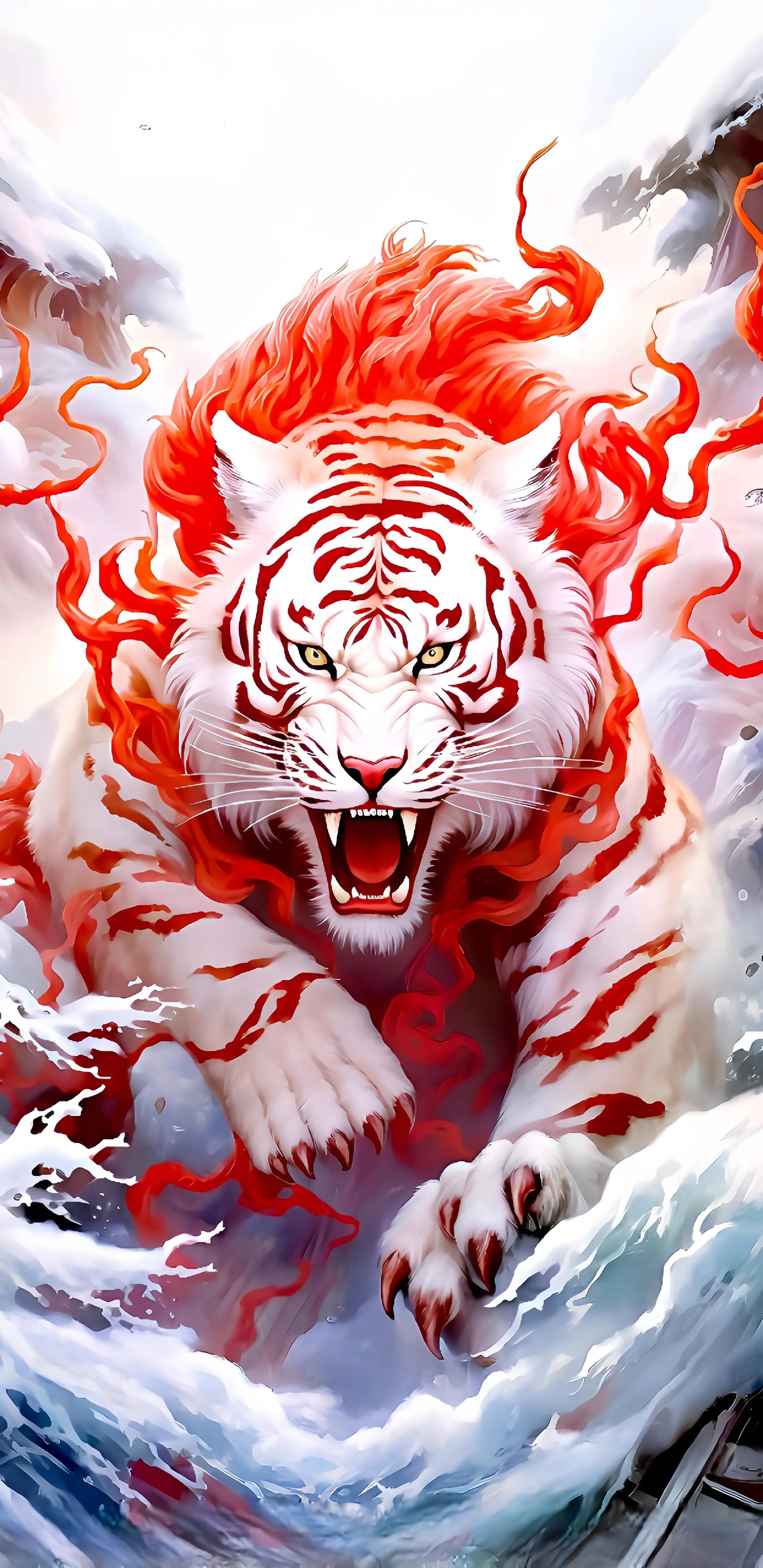 Fiery White Tiger in Energetic Water Splash Motion Wallpaper