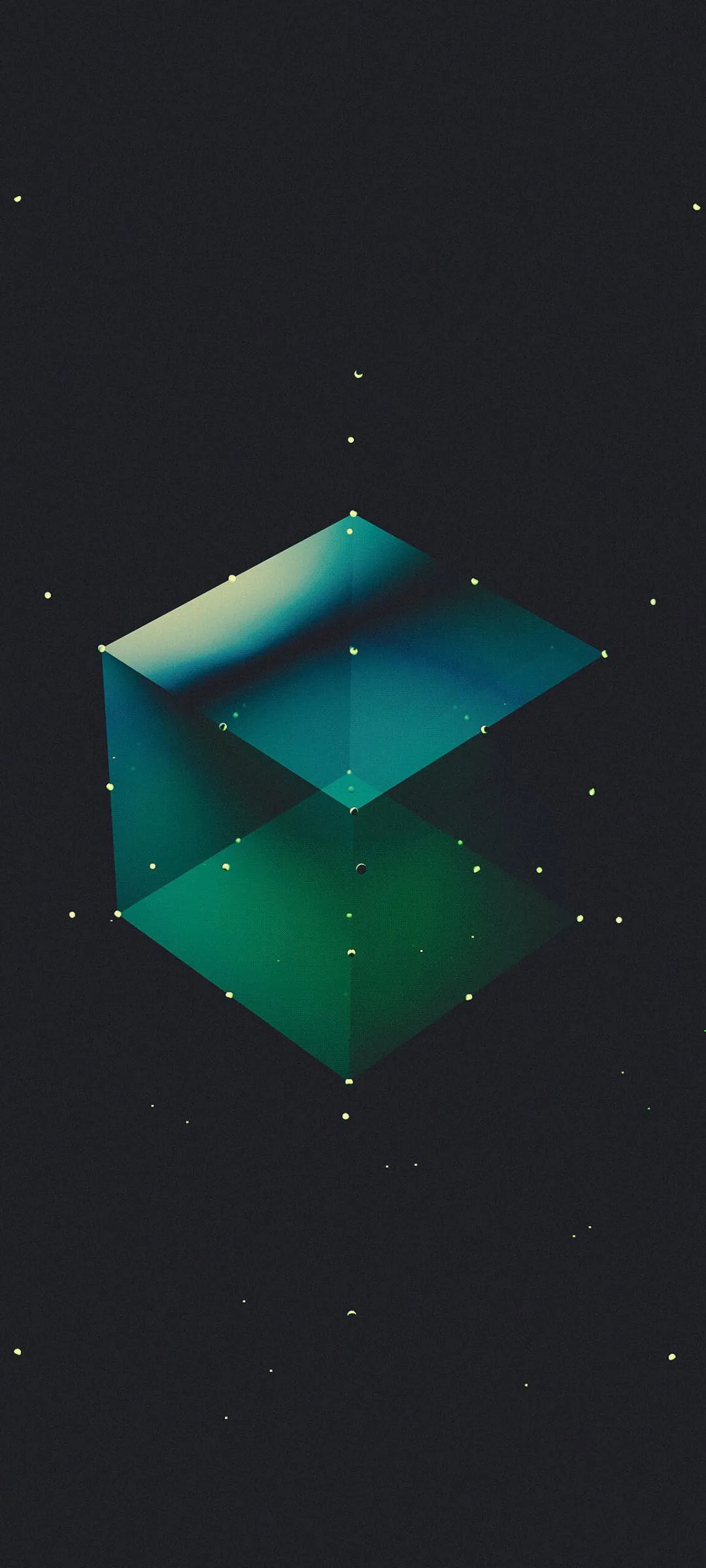 Floating Geometric Cube with Green Neon Glow in Darkness