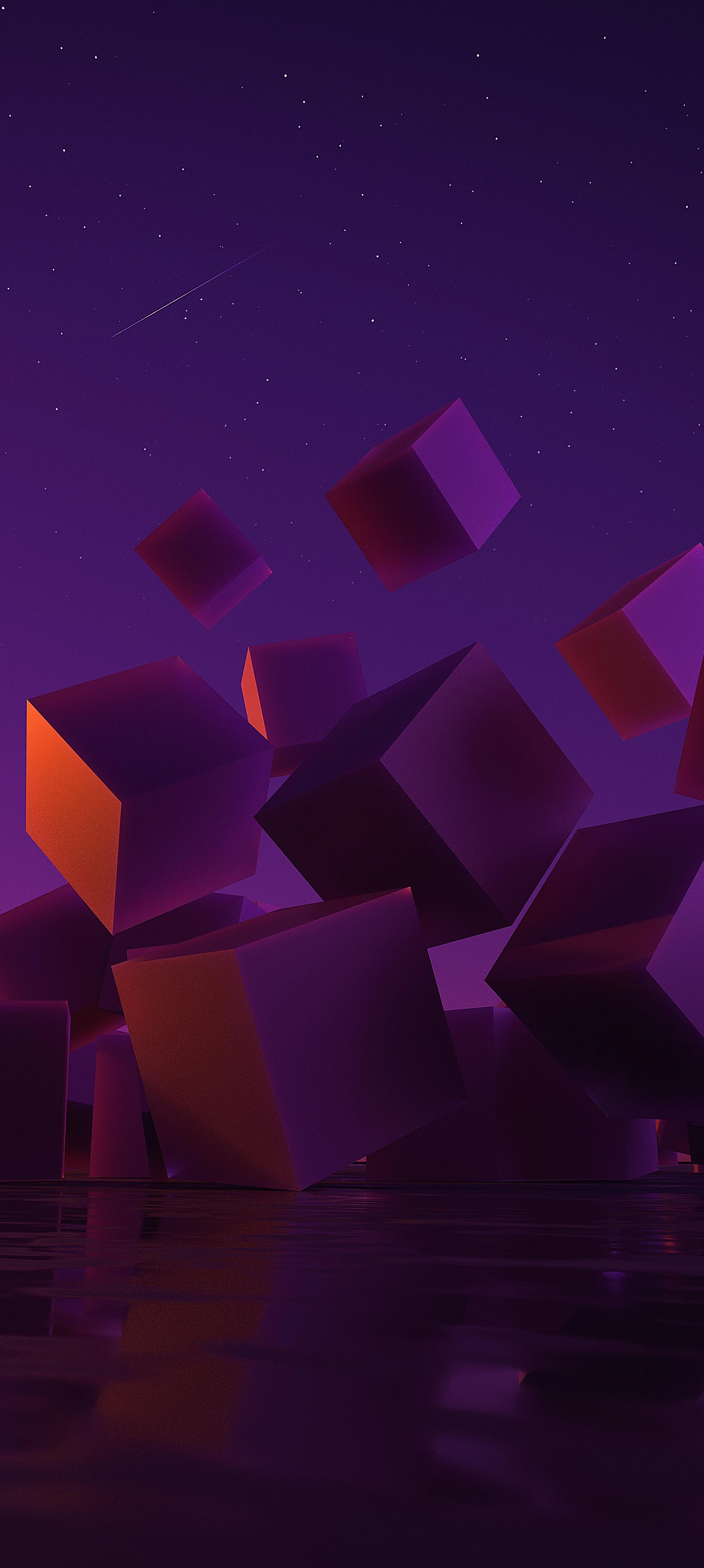 Floating Purple Cubes in Futuristic Dark Room Iphone Image