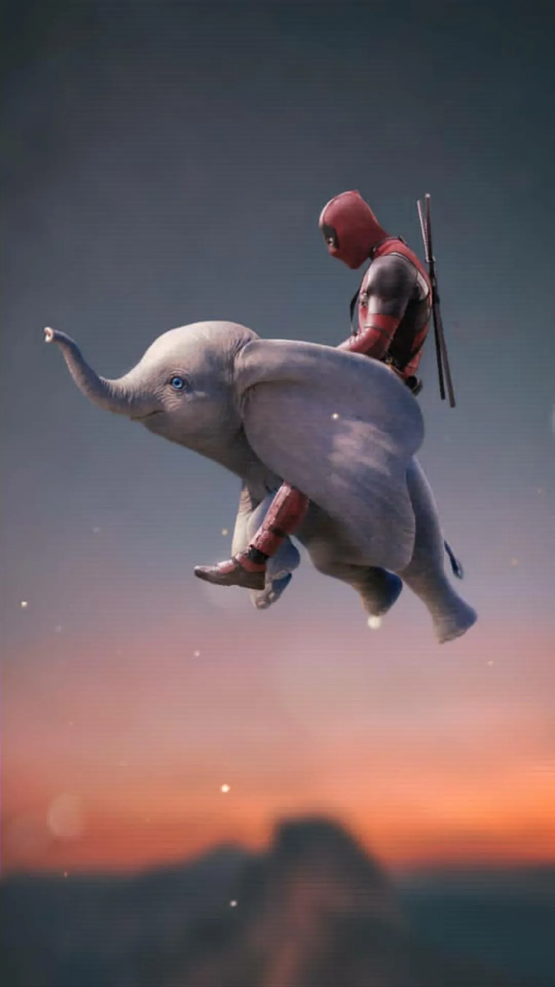 Flying Elephant Fantasy Scene with Orange Sky Glow Wallpaper