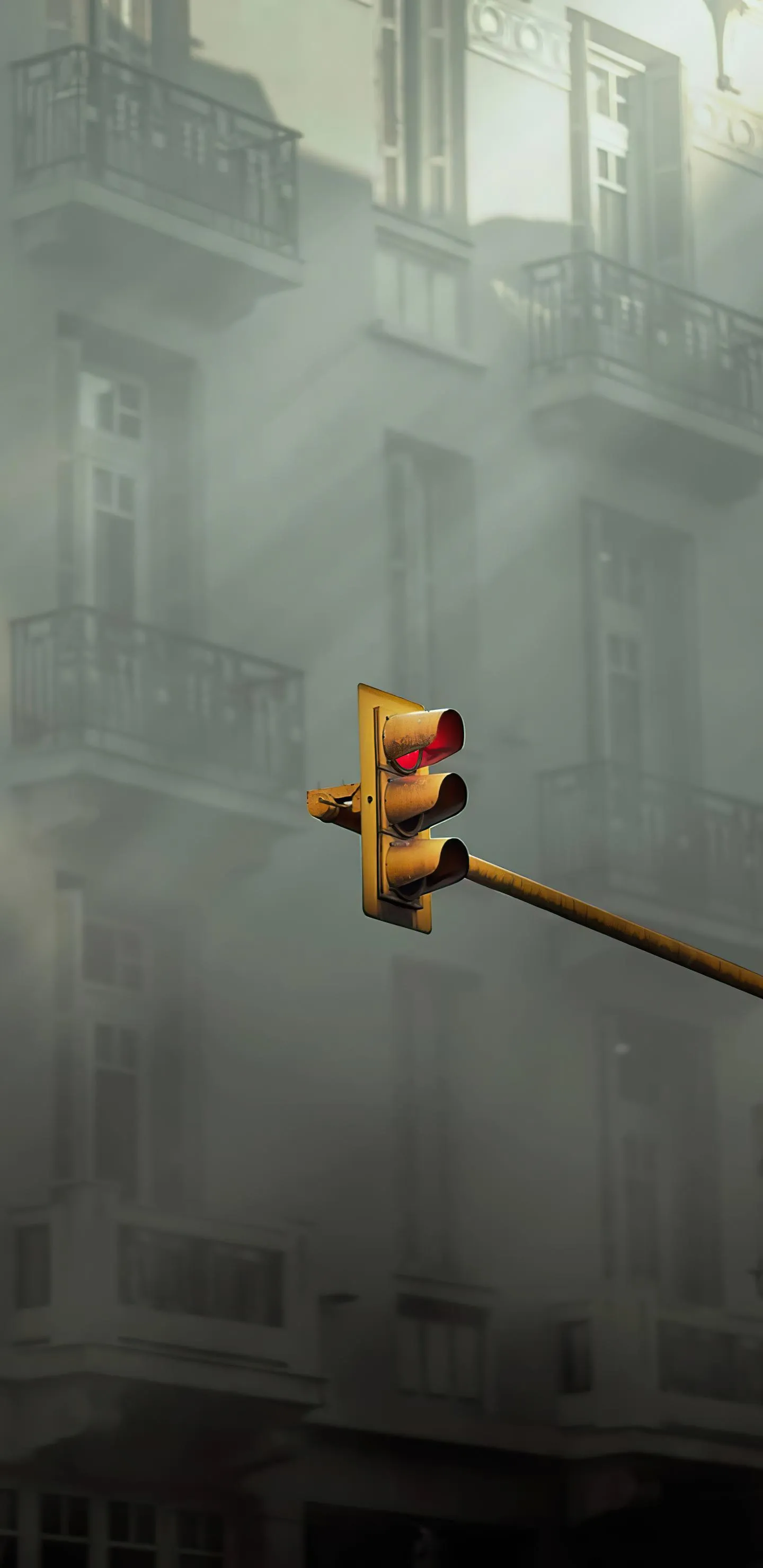 Foggy City Traffic Light Scene with Moody Lighting Wallpaper