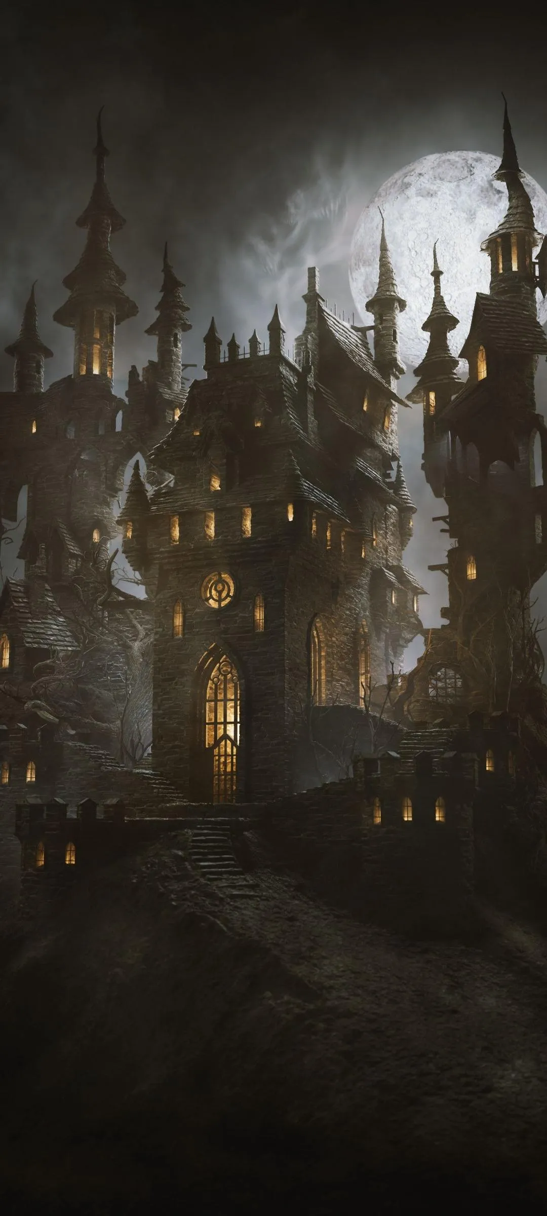 Foggy Forest Scene with Dark Trees and Bright Flares