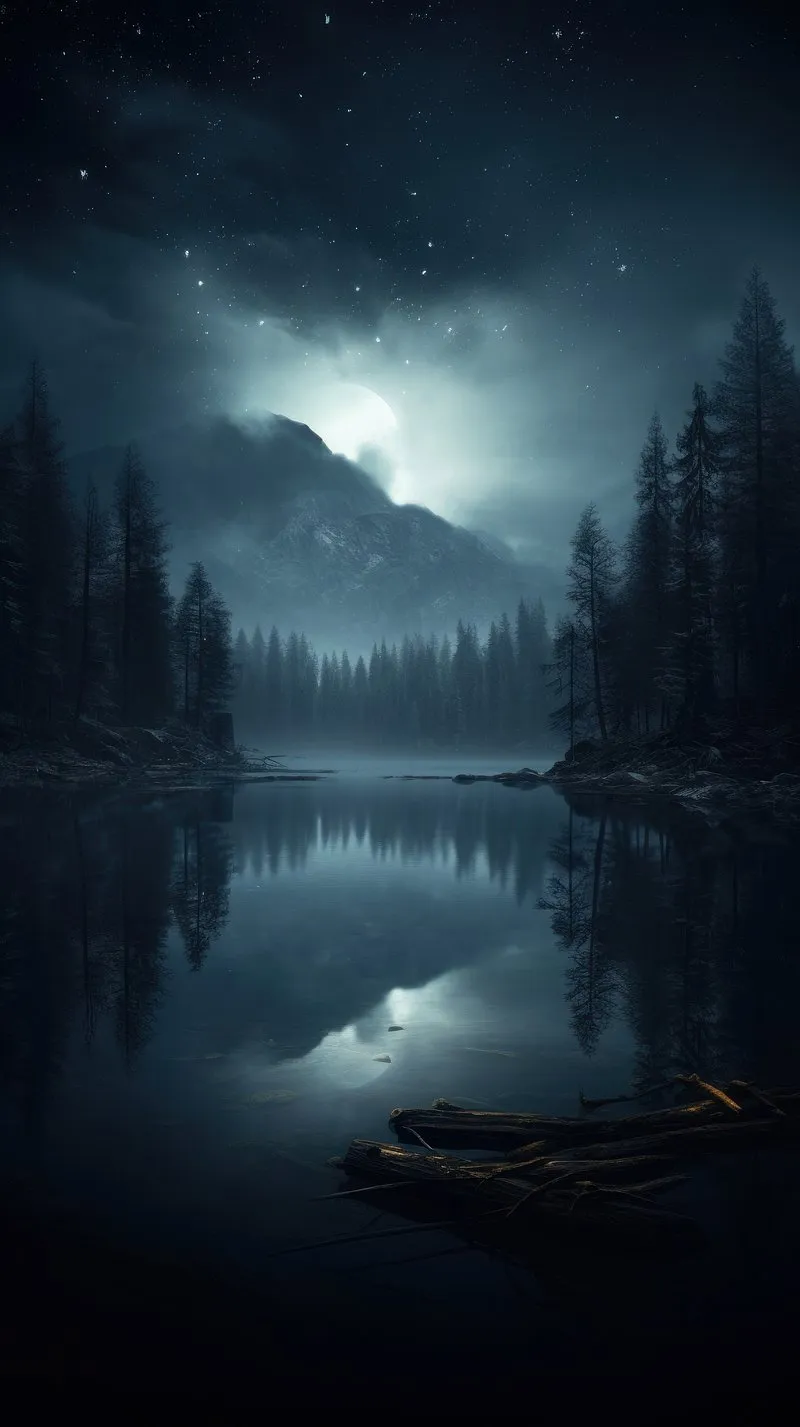Foggy Lake Forest Scene with Deep Blue Cinematic Lighting