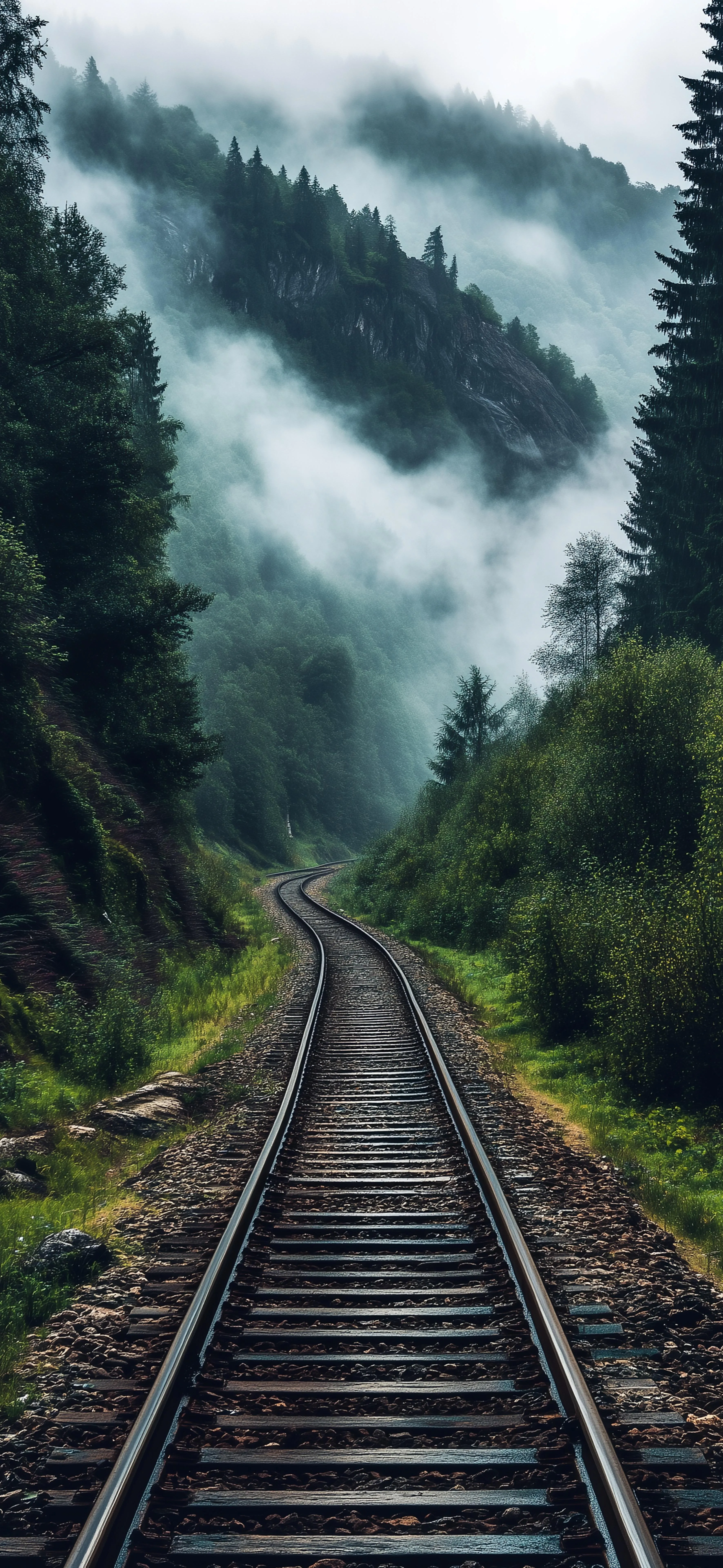 Foggy Railway Track Vanishing into The Dense Forest Wallpaper