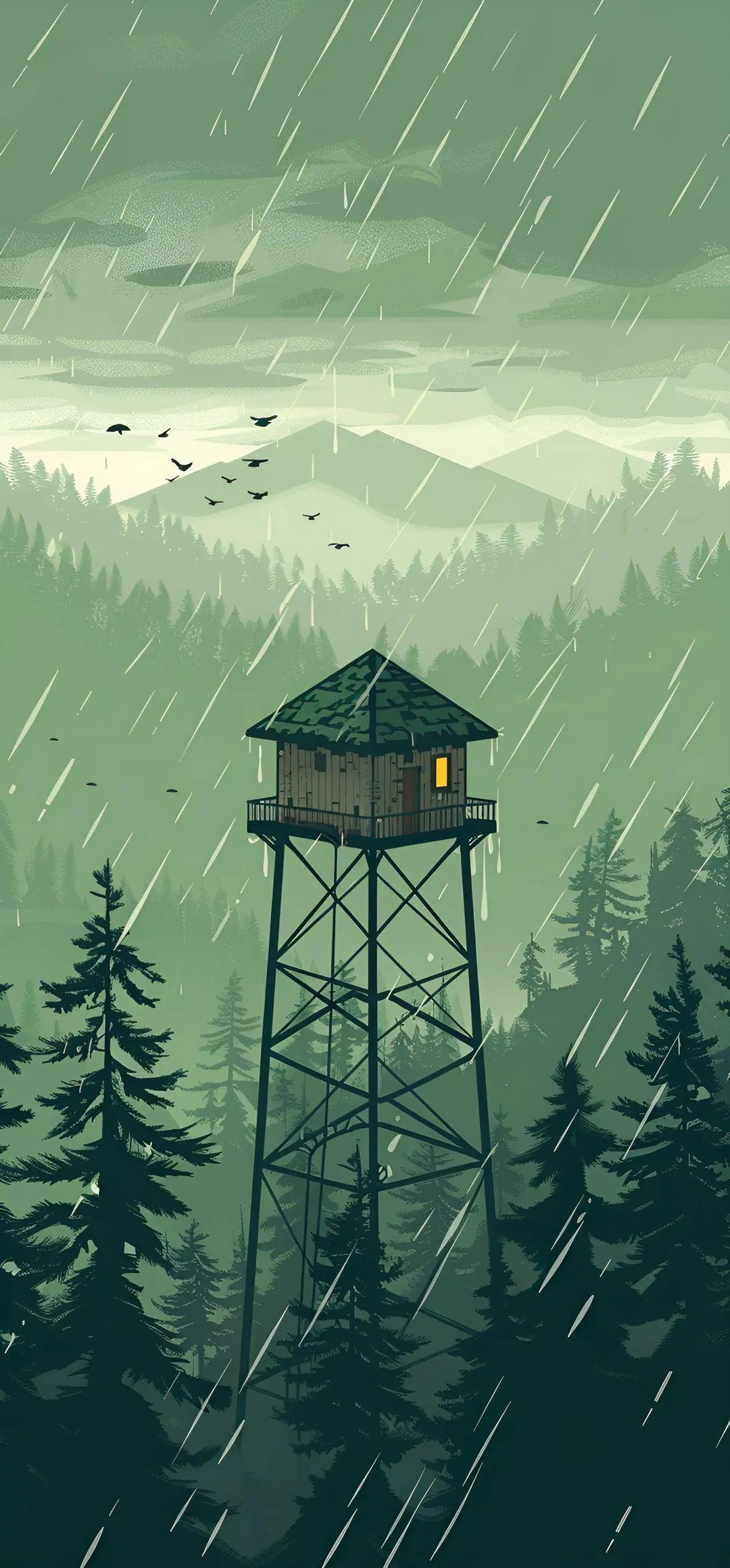 Forest Fire Lookout Tower in Foggy Pine Woods Wallpaper
