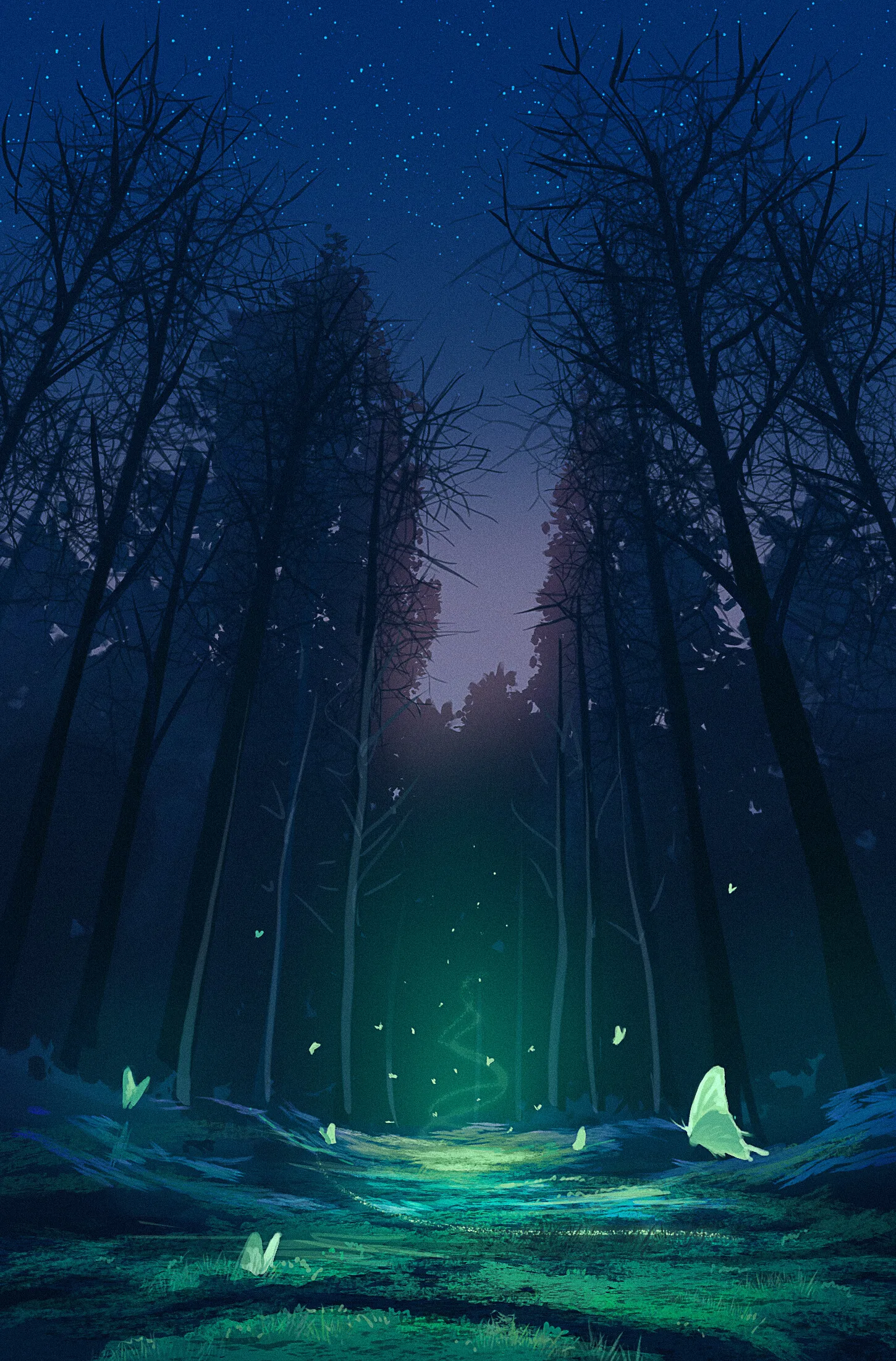 Forest Path Glowing with Magical Green Light Wallpaper