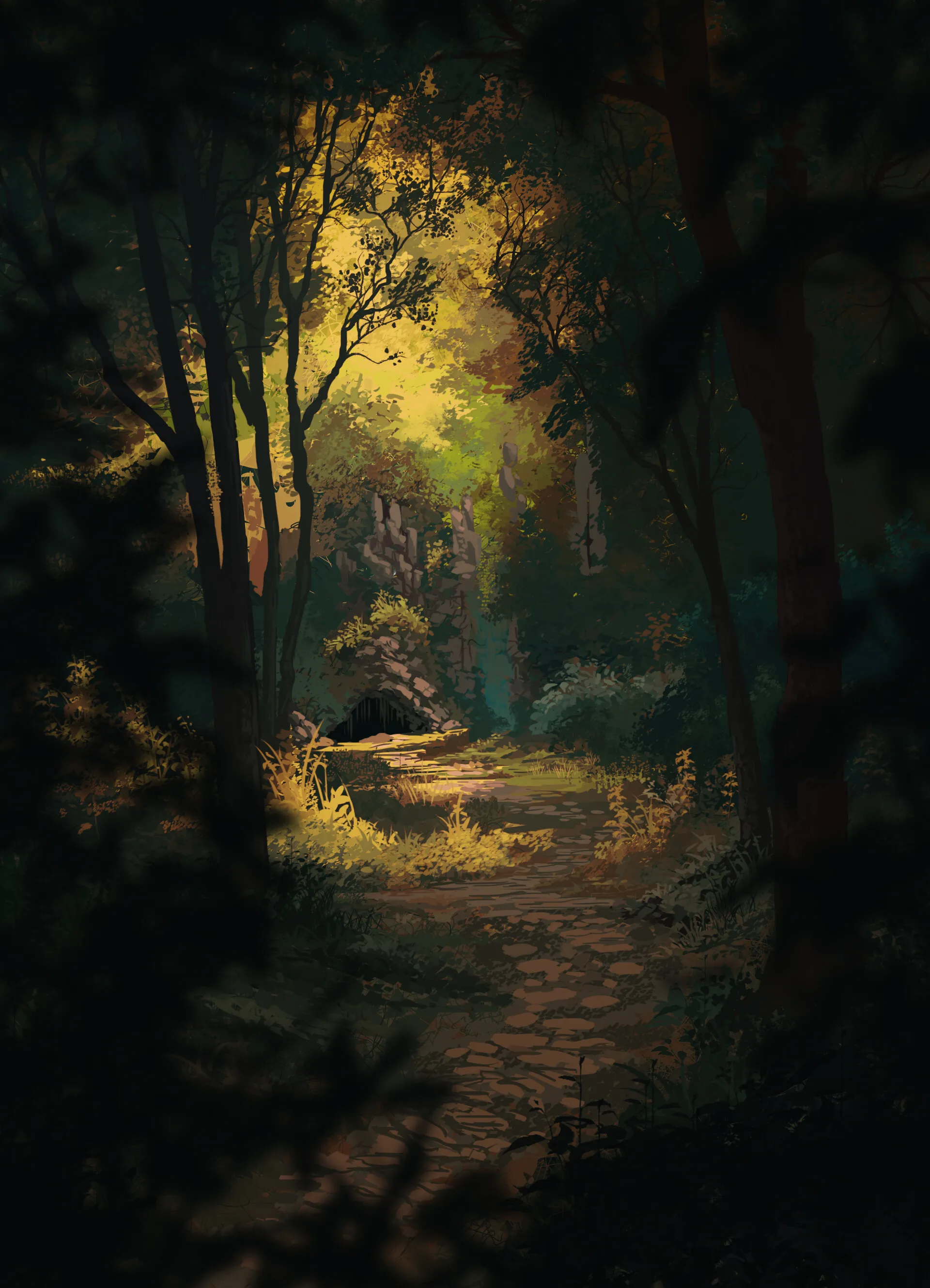 Forest Pathway with Warm Golden Sunlight Rays Wallpaper