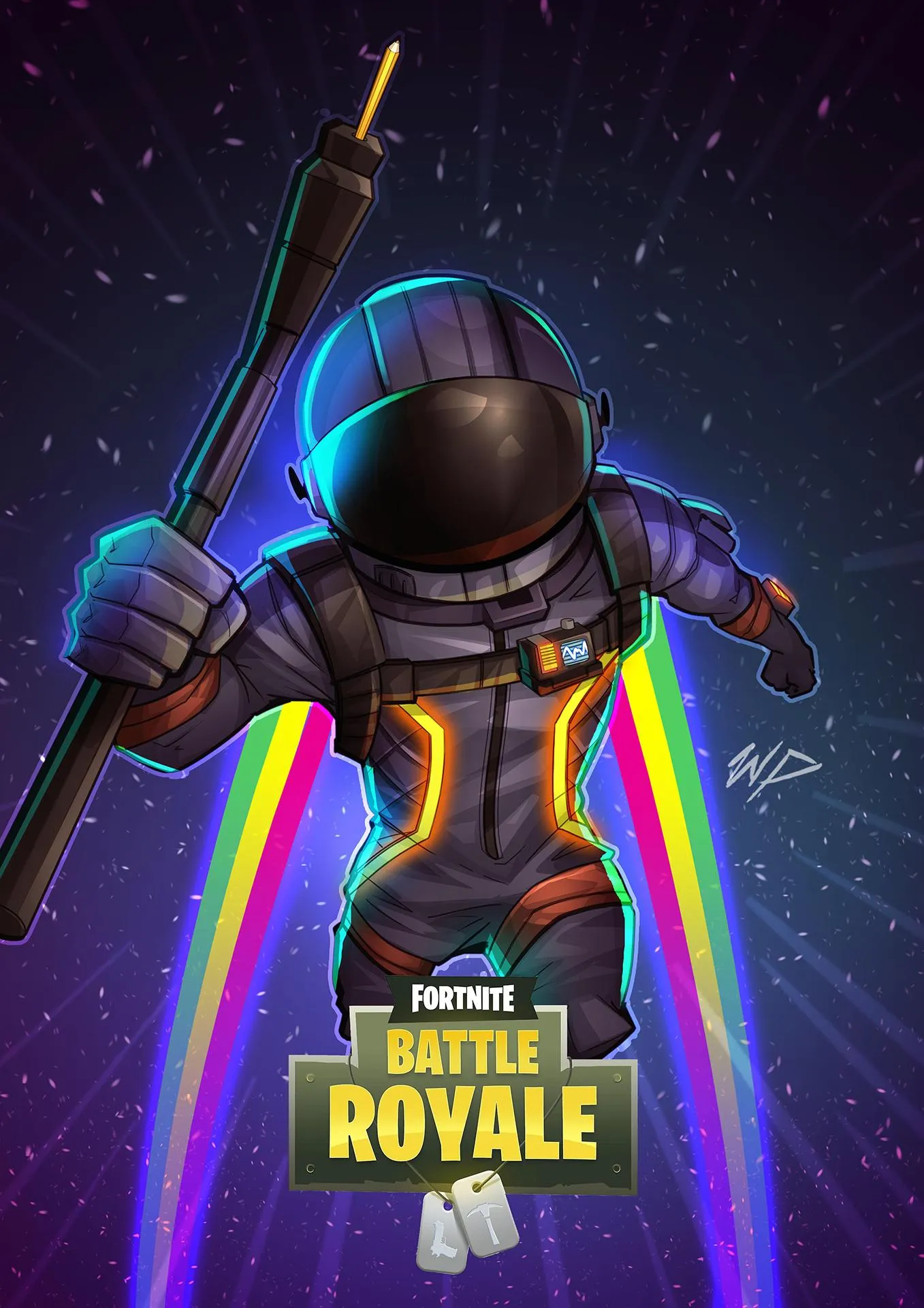 Fortnite Character in Galaxy Suit Holding Weapon Wallpaper