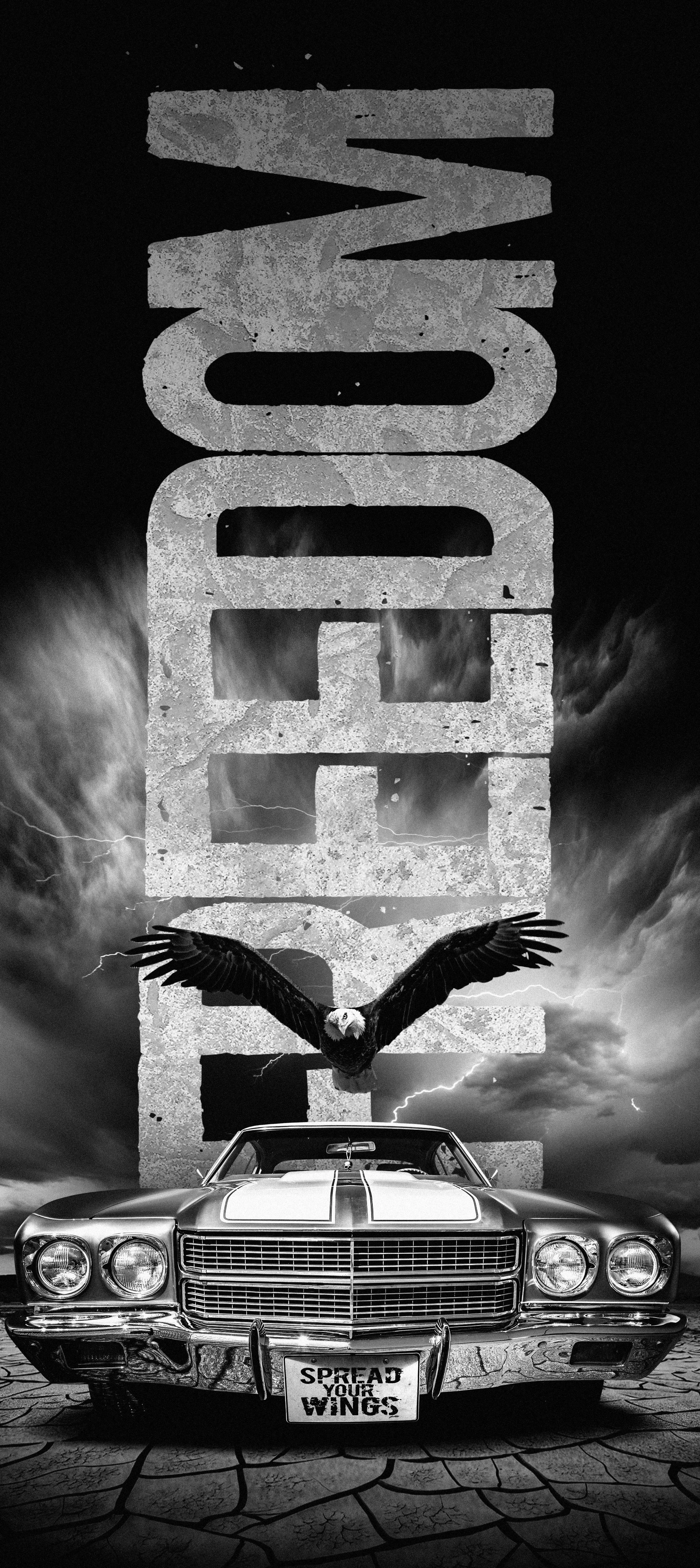 Freedom Text with Vehicle in Black and White and Eagle
