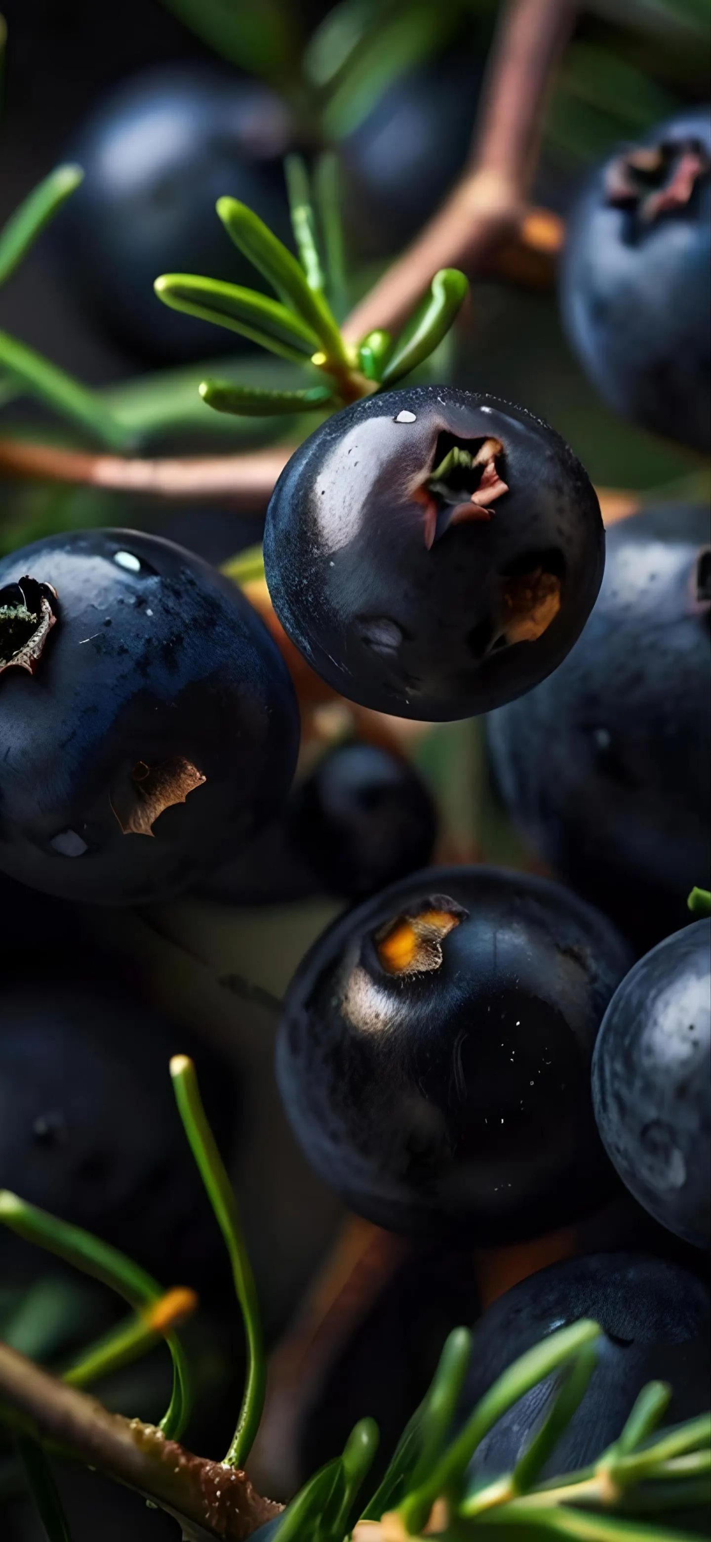 Fresh Close Up of Dark Blue Berries with Green Leaves