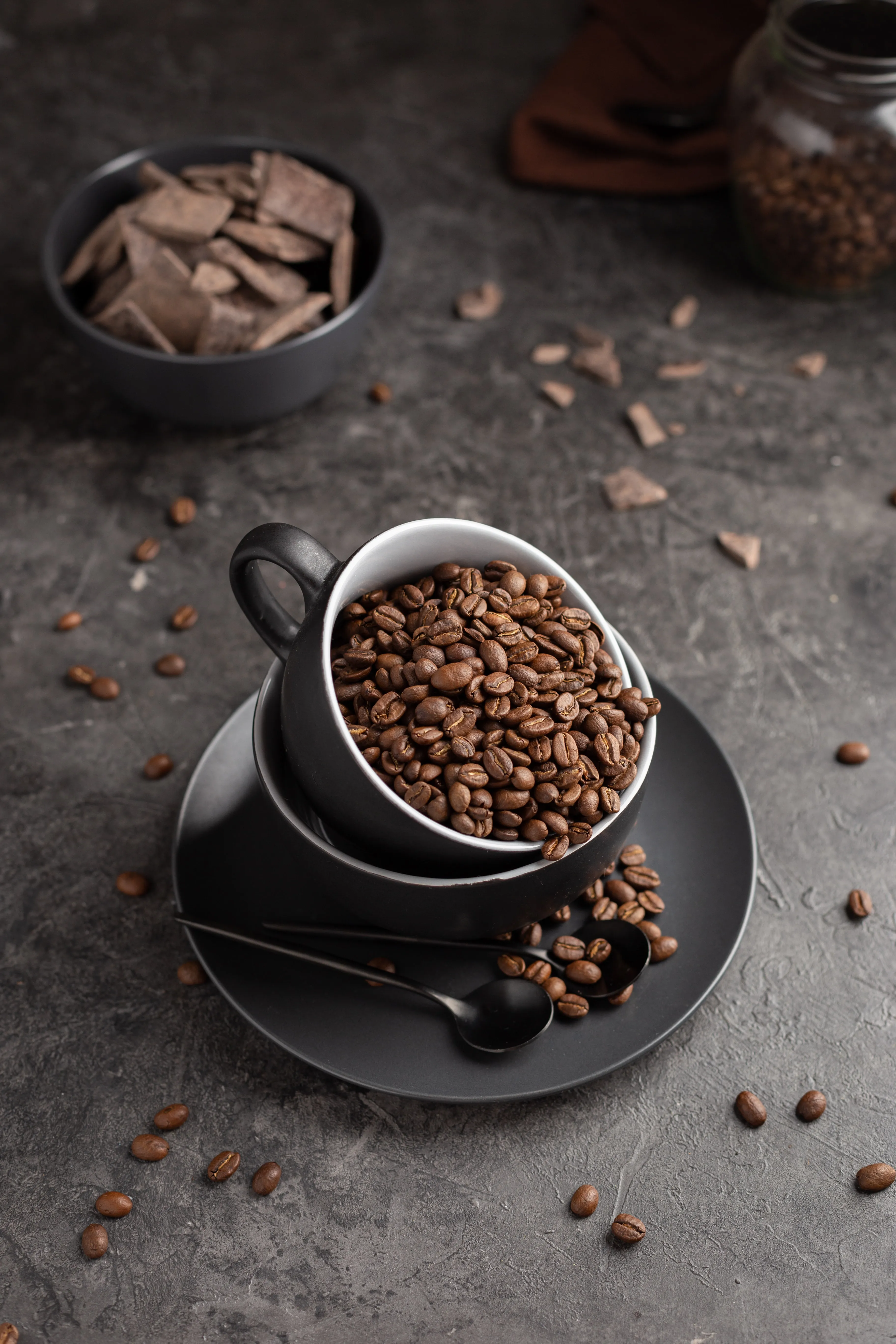 Fresh Coffee Beans with Rustic Cup and Table Setup Image