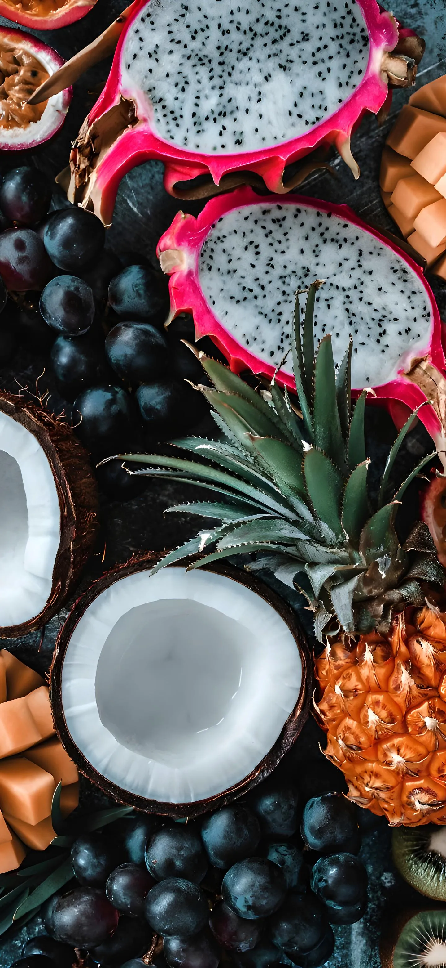 Fresh Fruits and Coffee Cup on Rustic Wooden Tabletop