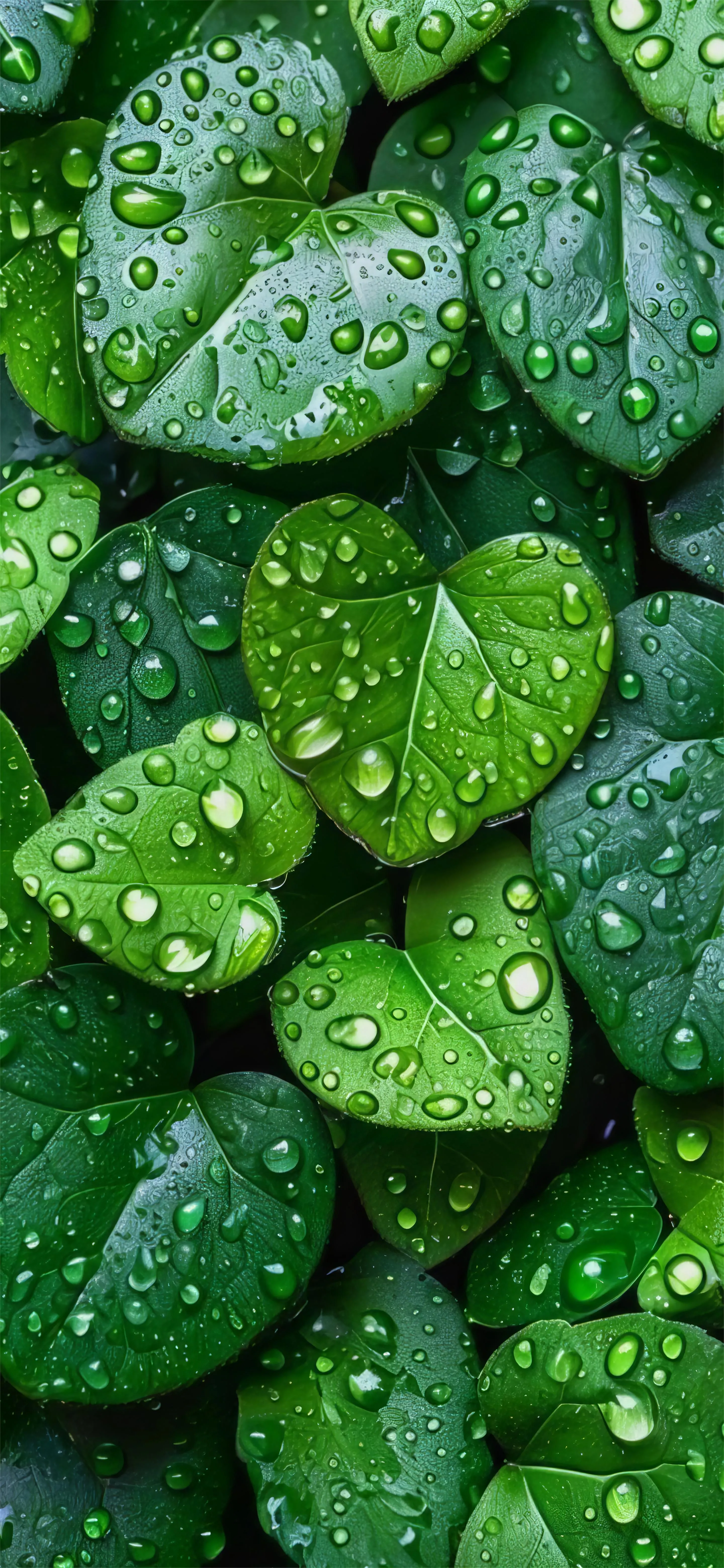 Fresh Green Leaves Covered with Water Drops Mobile Wallpaper