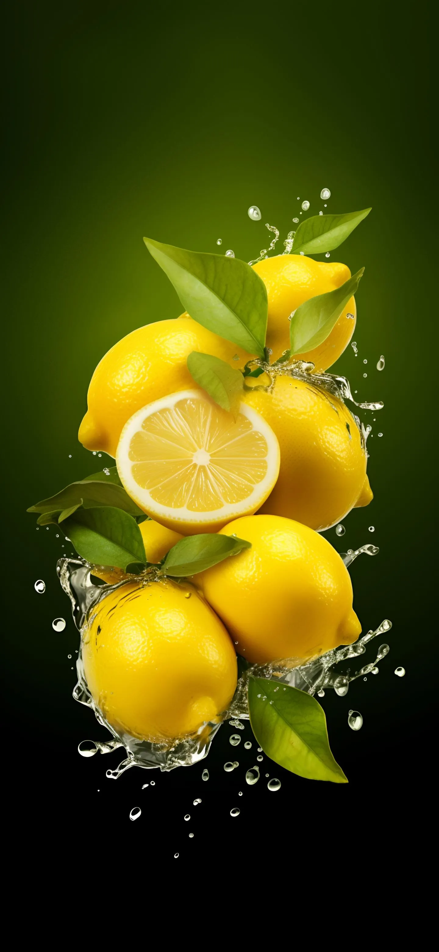 Fresh Lemons and Leaves Splashing in Clear Water Wallpaper