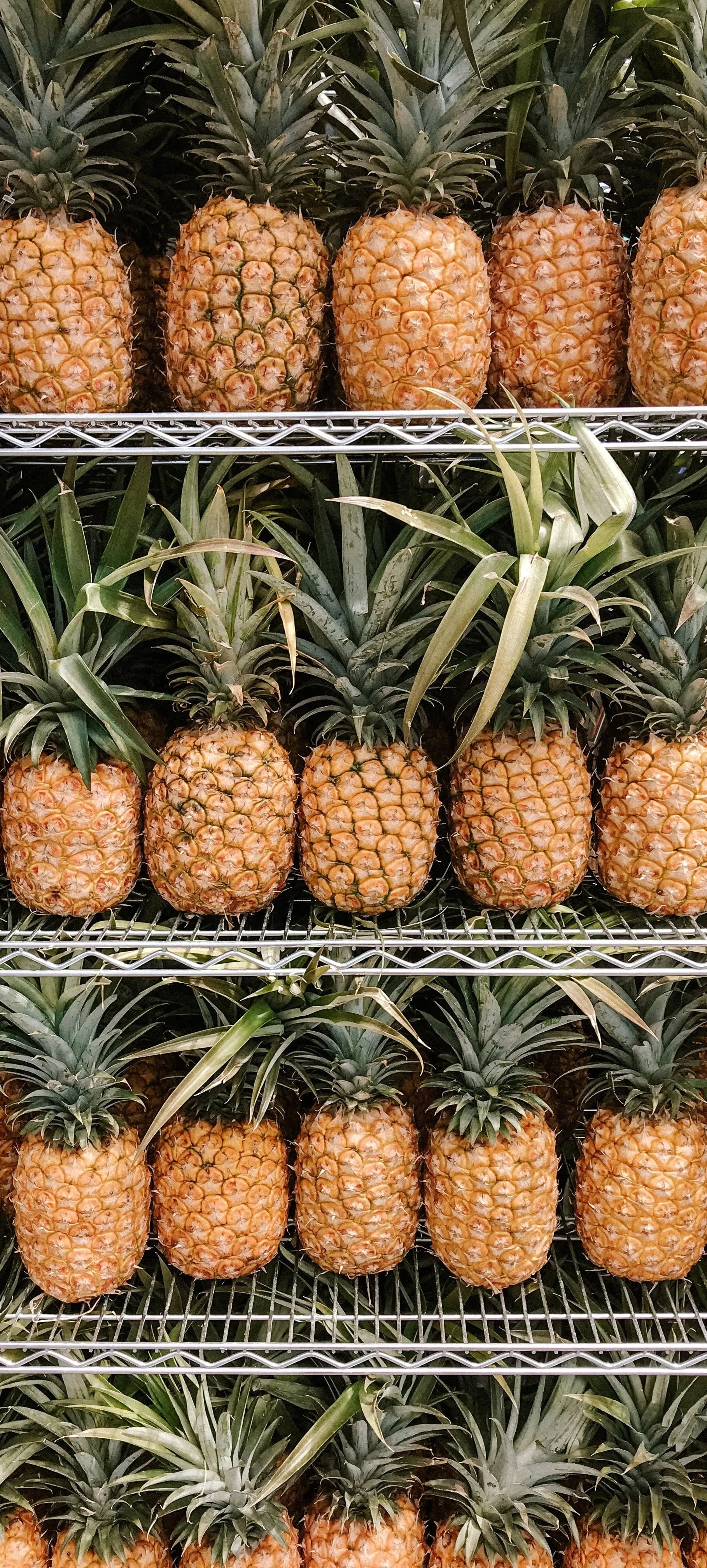 Fresh Pineapples Stacked in Neat Rows in Market Display