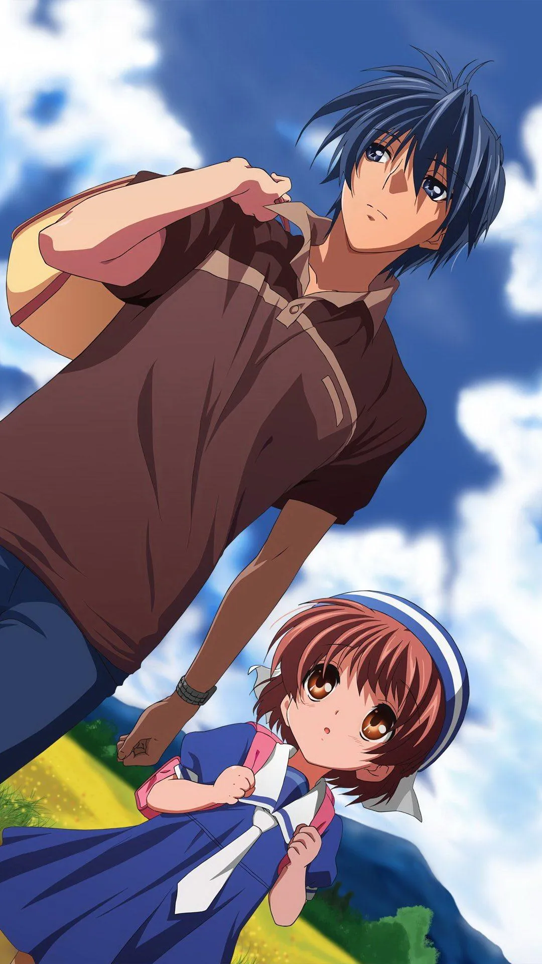 Friendly Anime Duo Smiling in Bright Sky Background