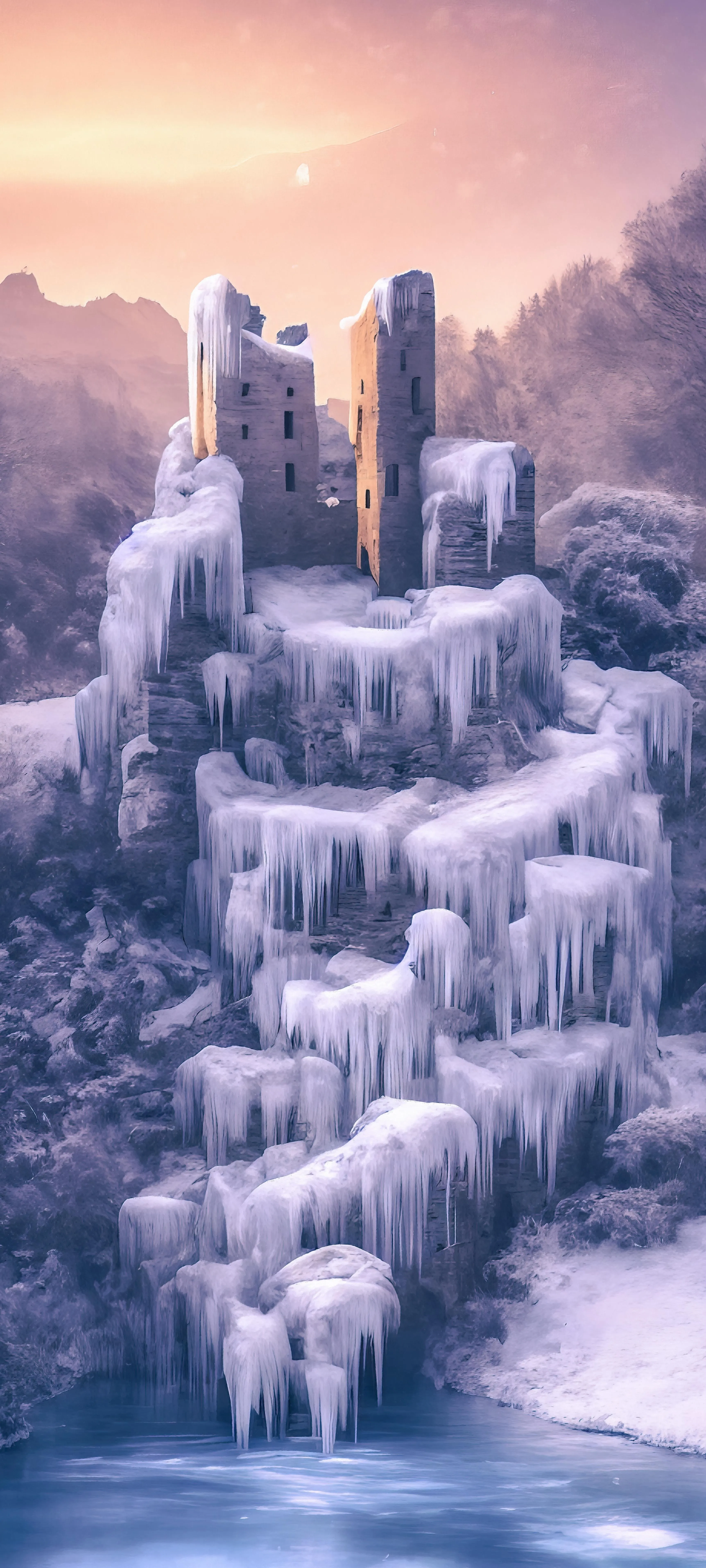 Frozen Cityscape with Snow and Ice on Tall Buildings