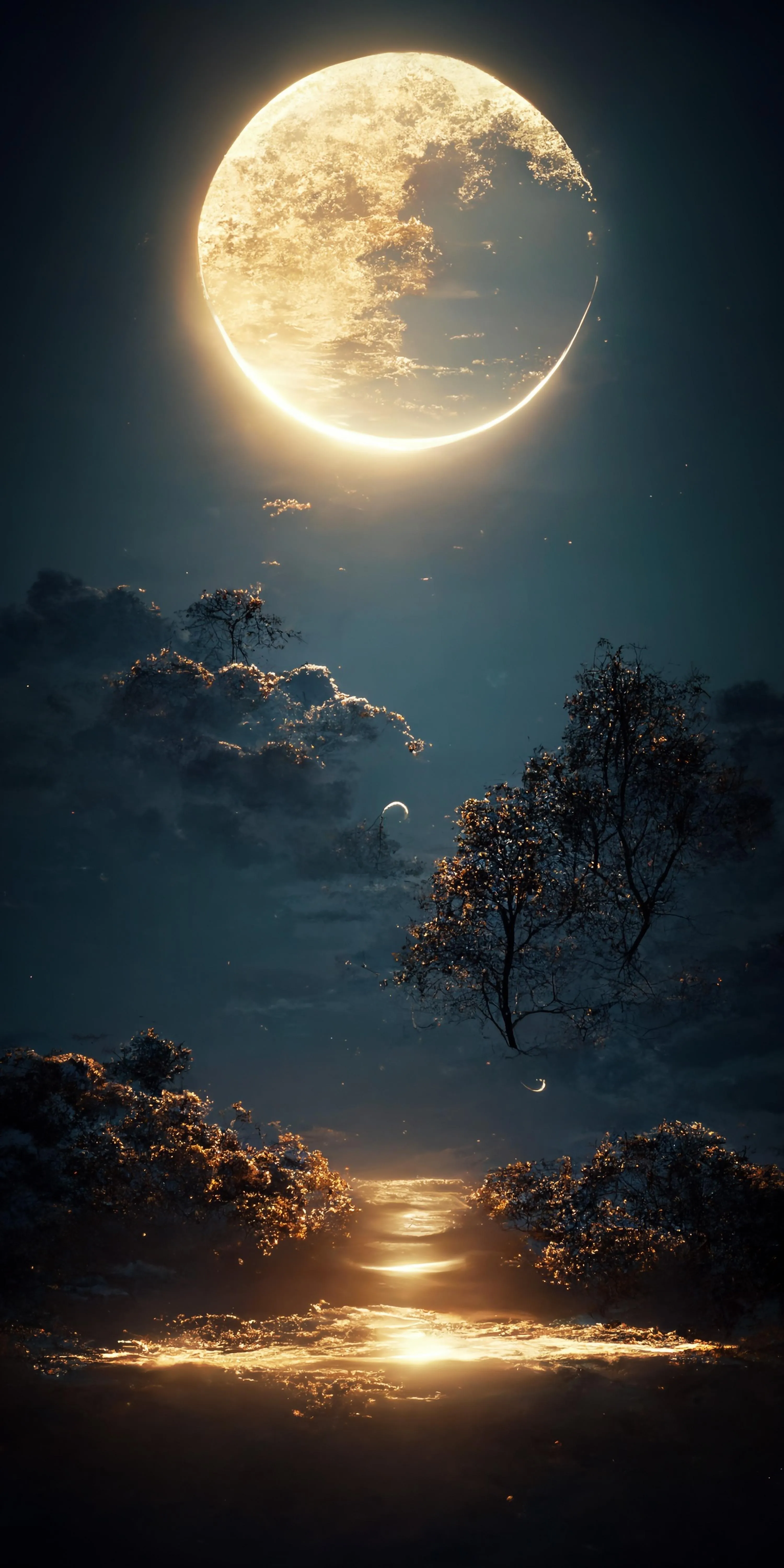 Full Moon Above Trees in Peaceful Night Sky Free 4K Image