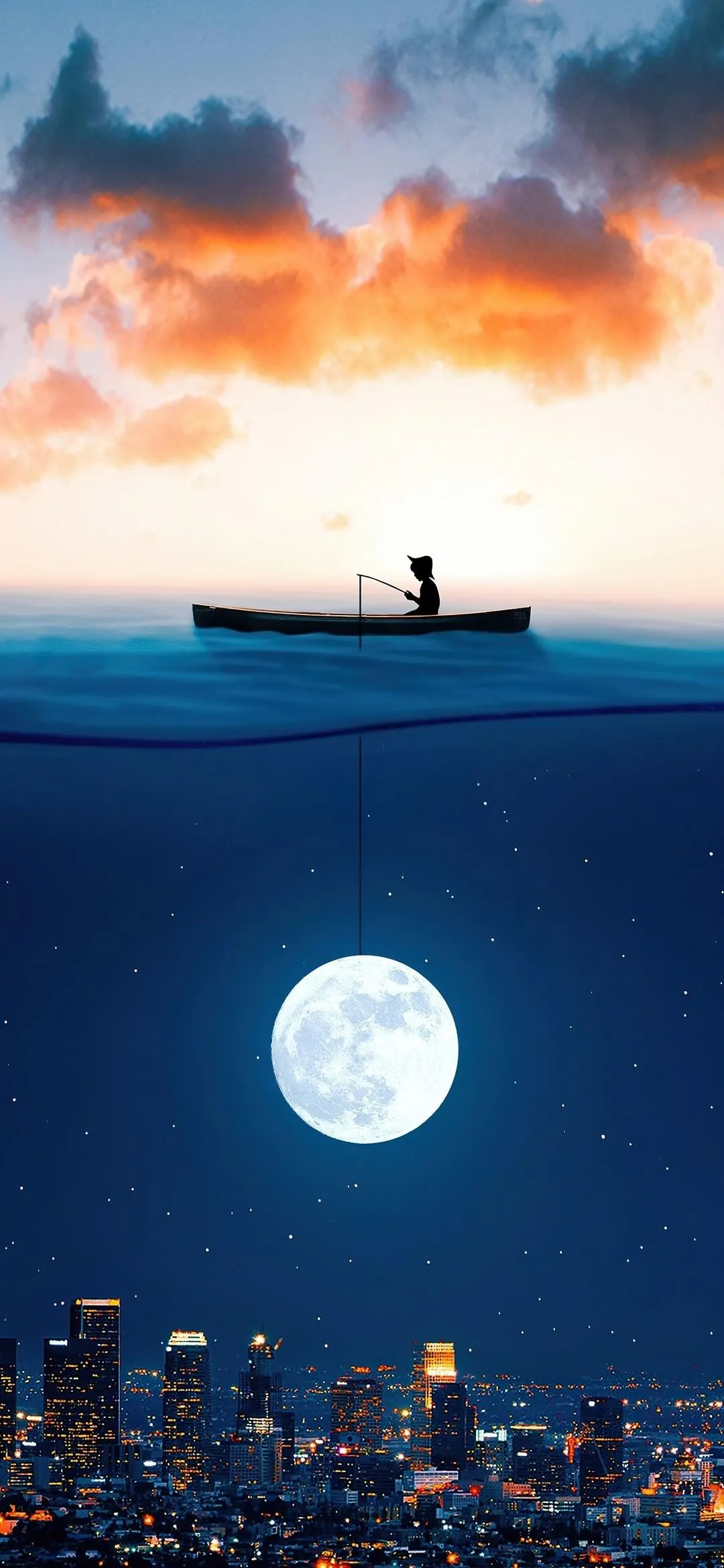 Full Moon over Calm Sea with Boat Reflection Wallpaper