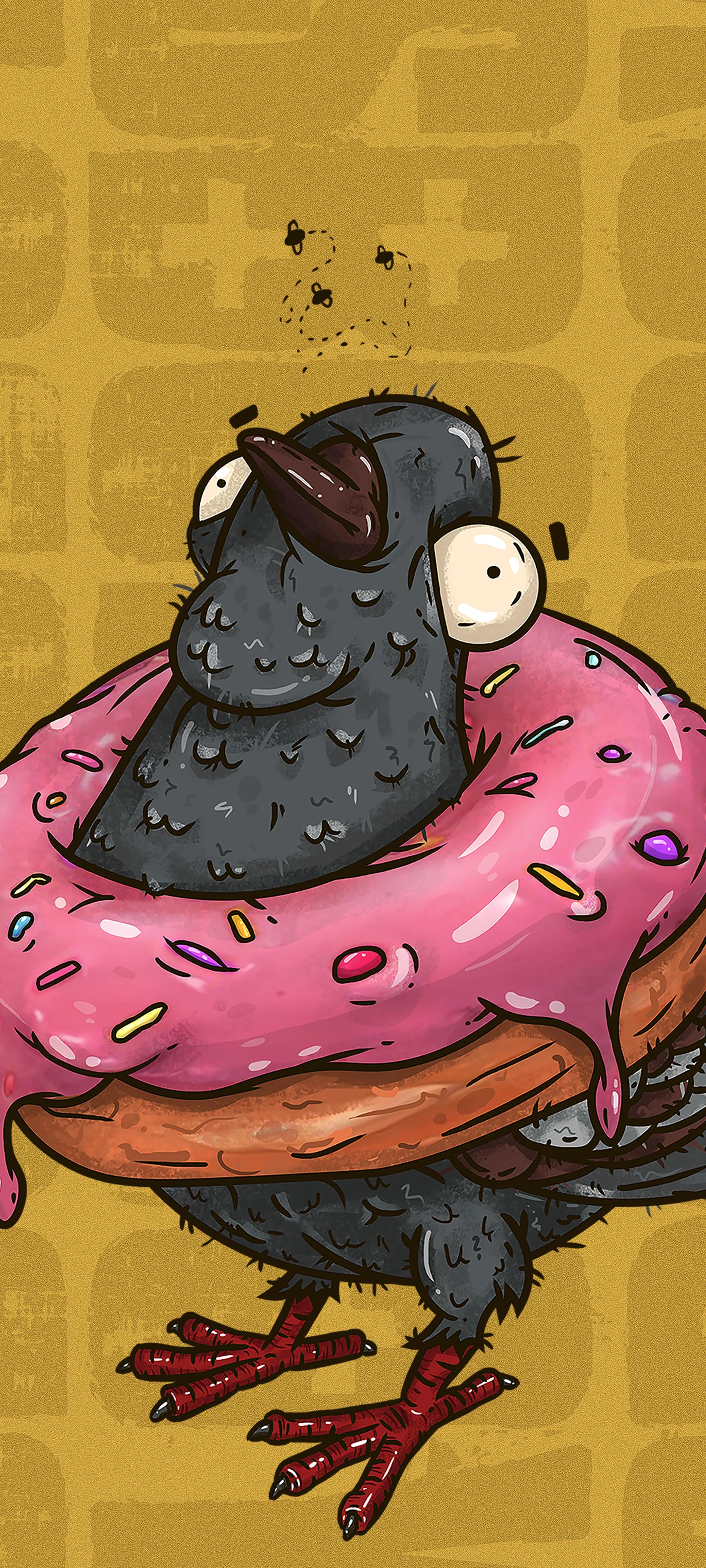 Funny Bird Wearing Pink Donut with Yellow Background