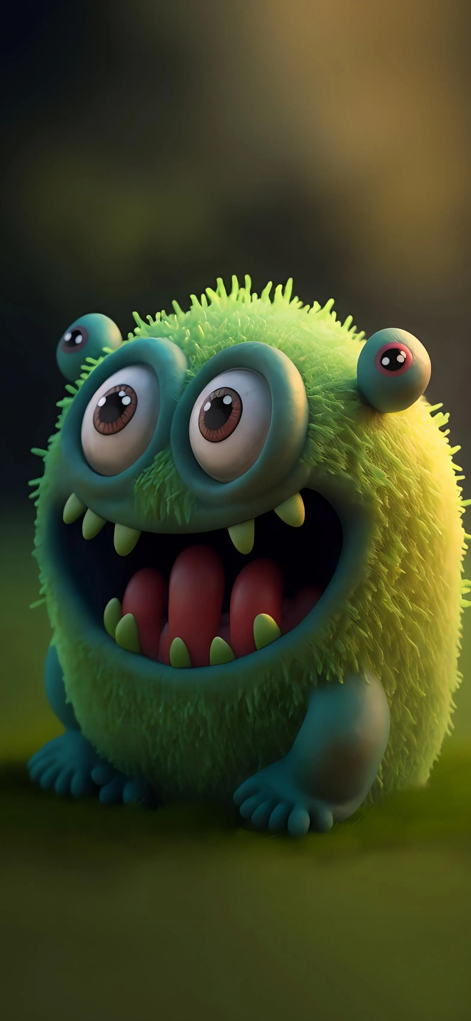Funny Green Furry Monster with Big Eyes and Smile Wallpaper