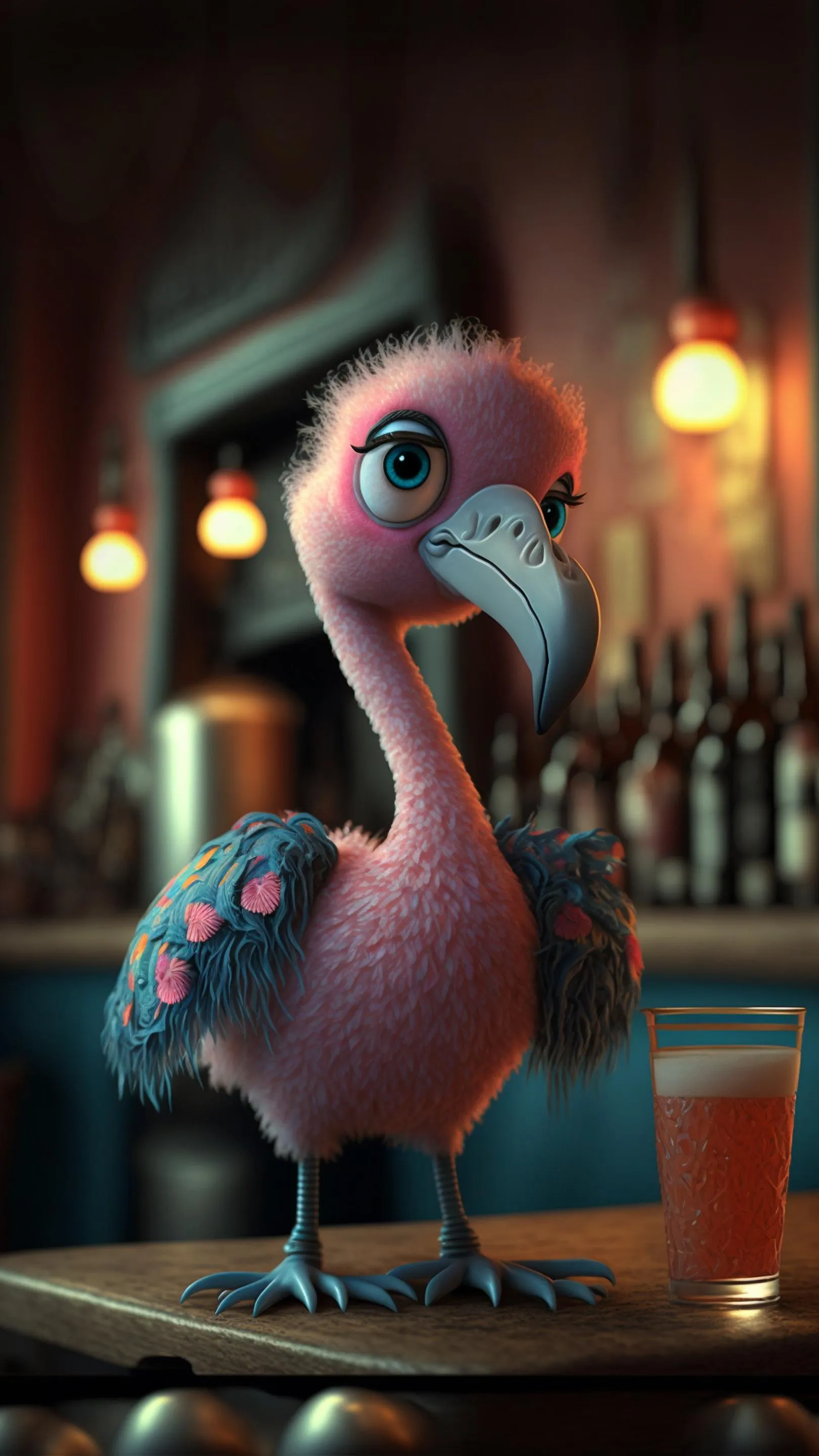 Funny Pink Flamingo at Colorful Bar Counter Wallpaper