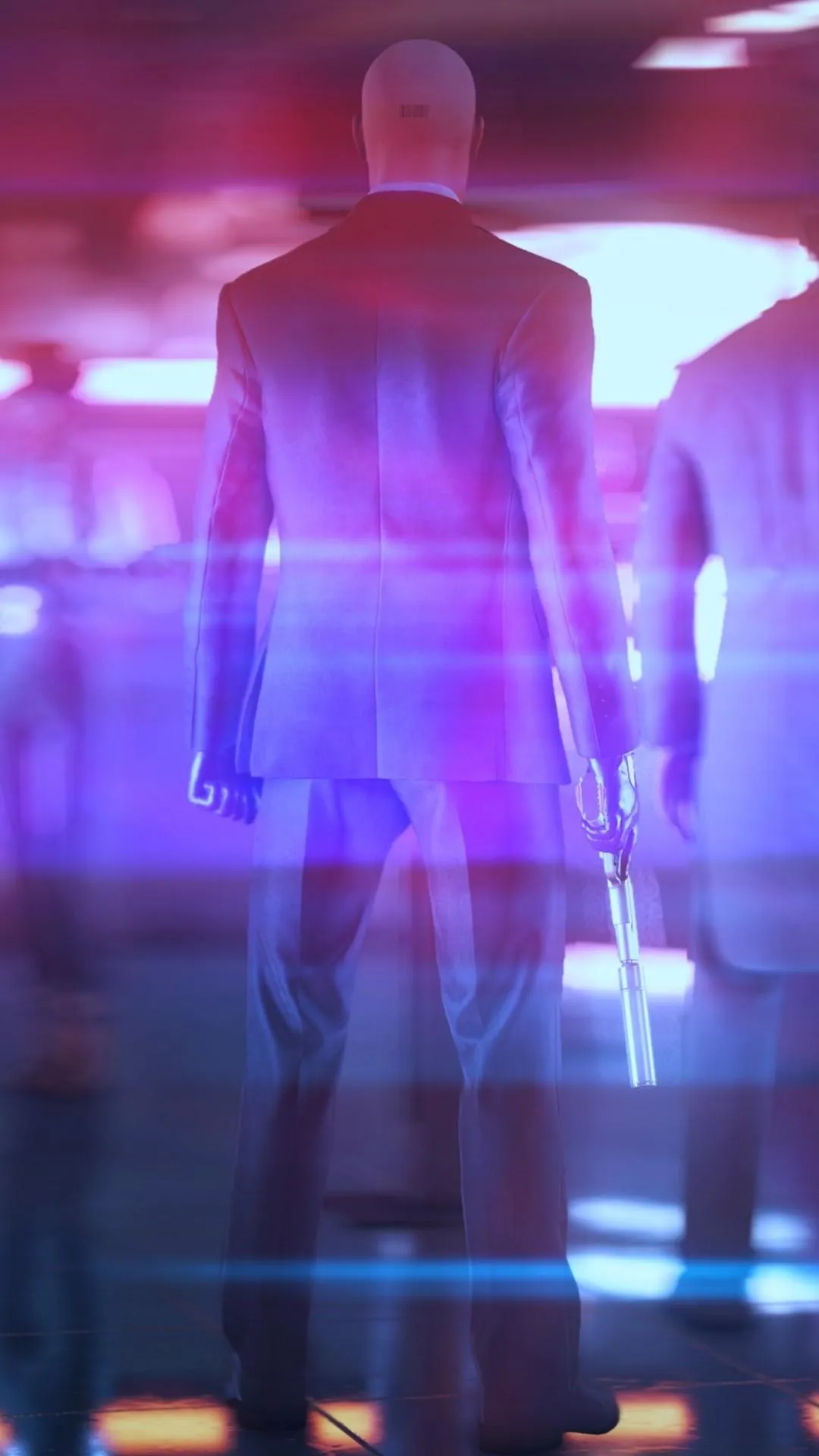 Futuristic Agent in Suit Holding Weapon in Neon Glow