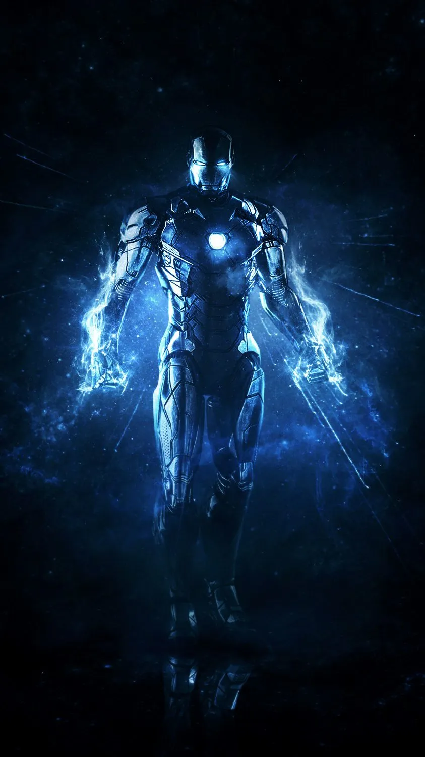 Futuristic armored hero glowing with blue energy power