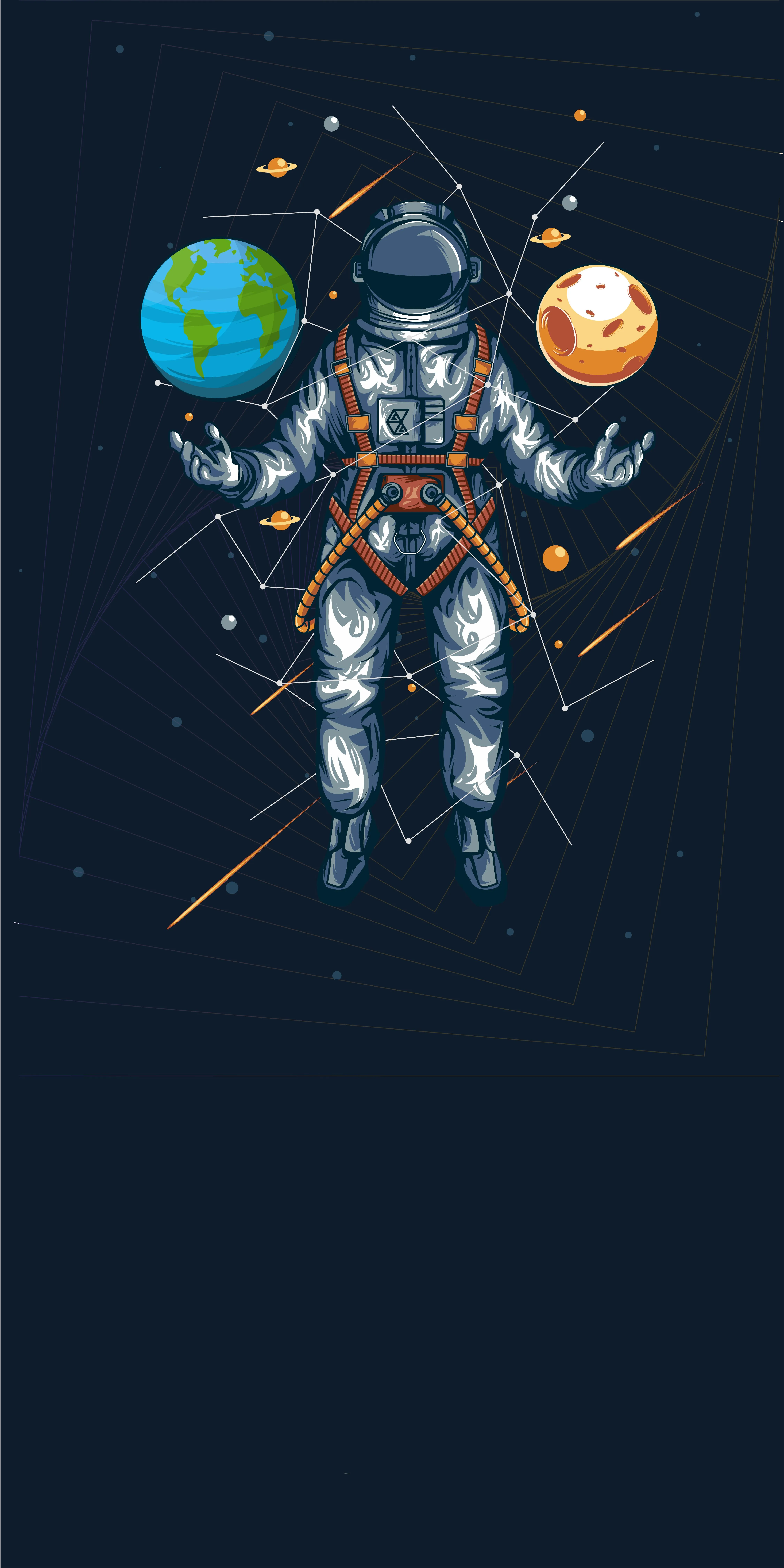 Futuristic Astronaut with Glowing Planets Background