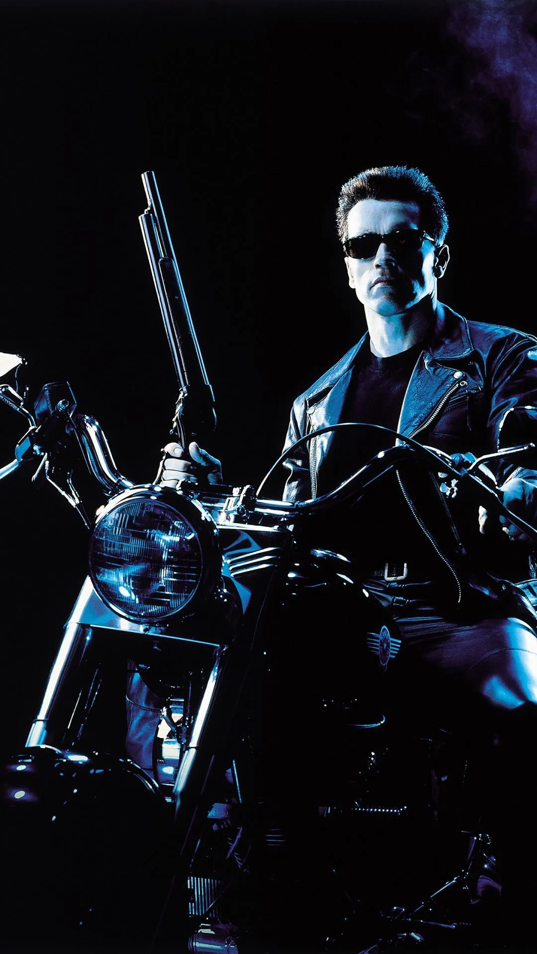 Futuristic Biker in Black Leather Holding a Powerful Gun