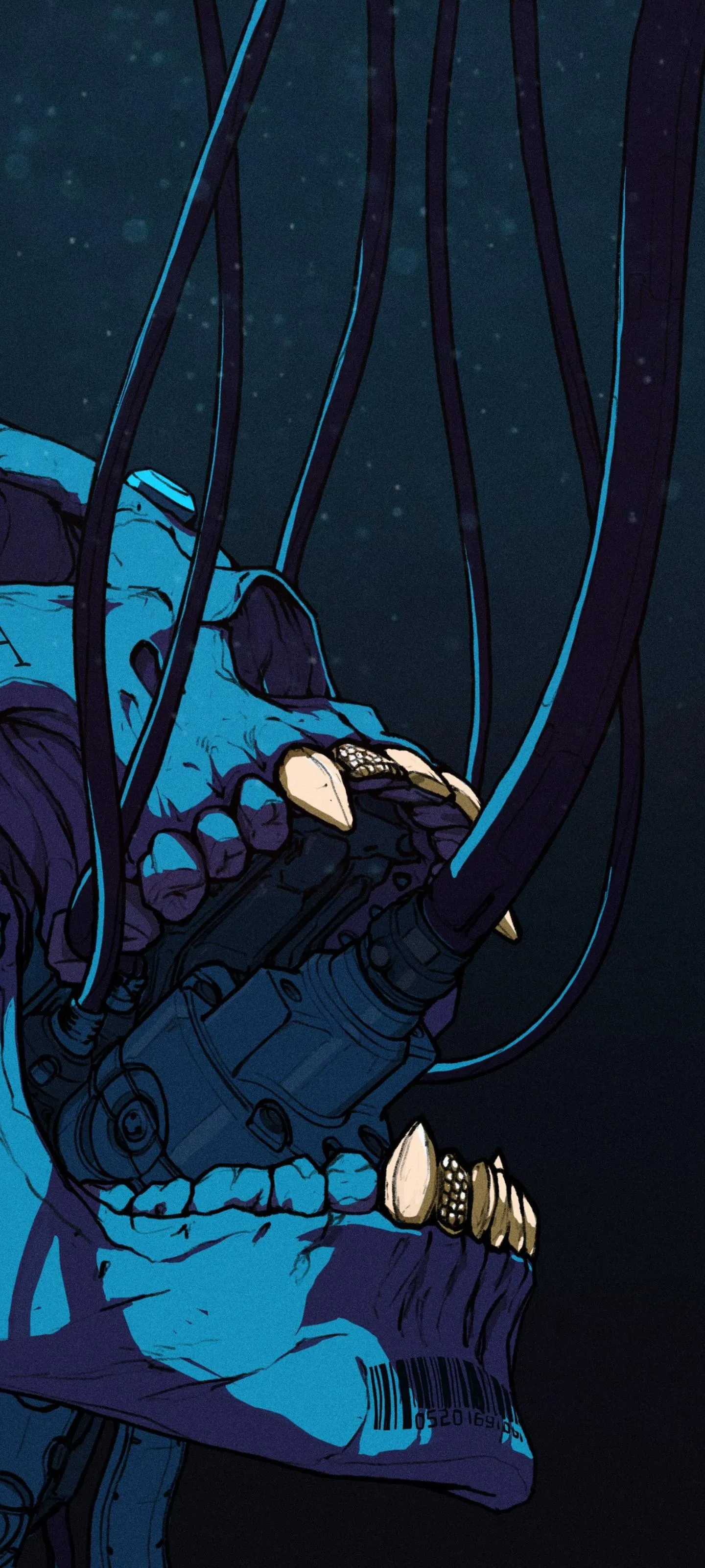 Futuristic Blue Skull with Gold Teeth and Connected Wires