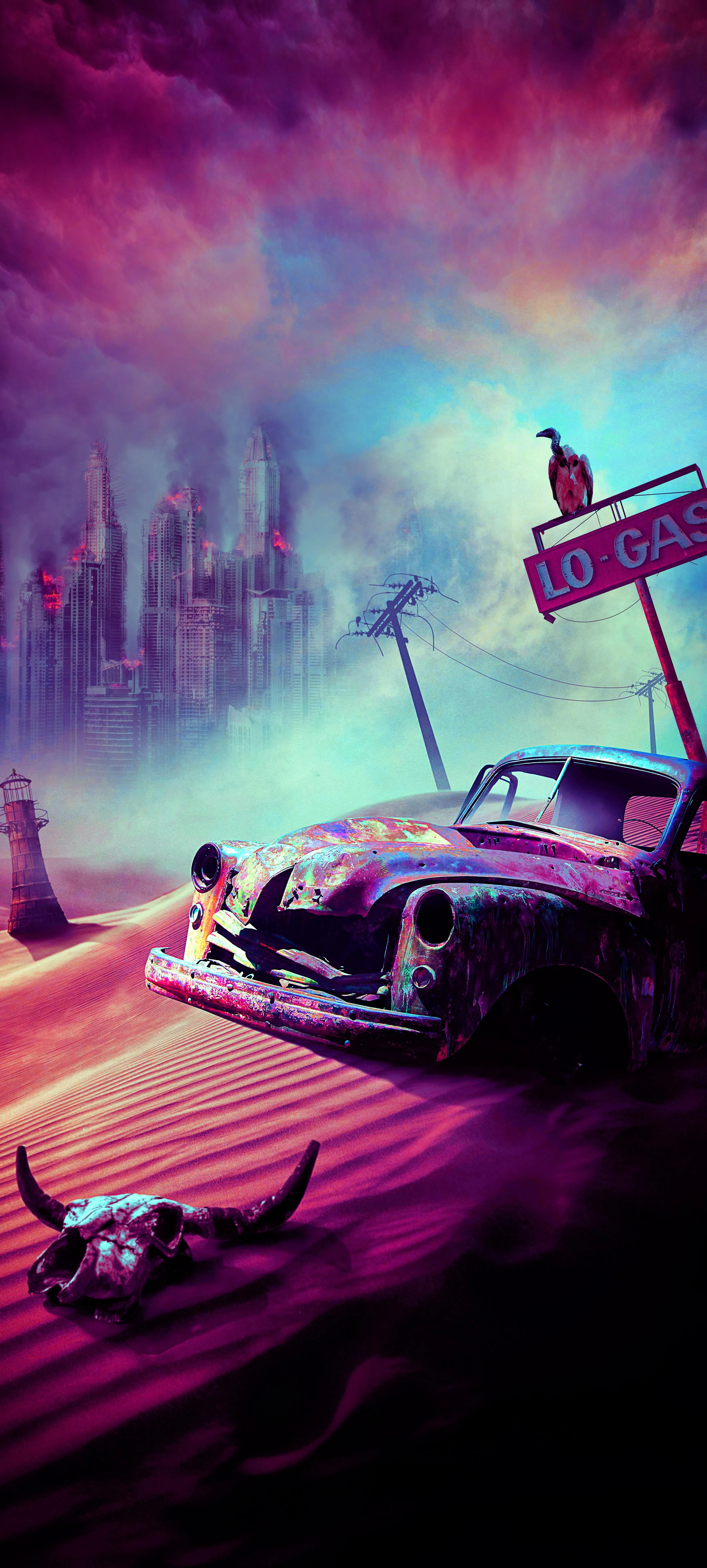 Futuristic Car with Skull in Neon Light Landscape Scene
