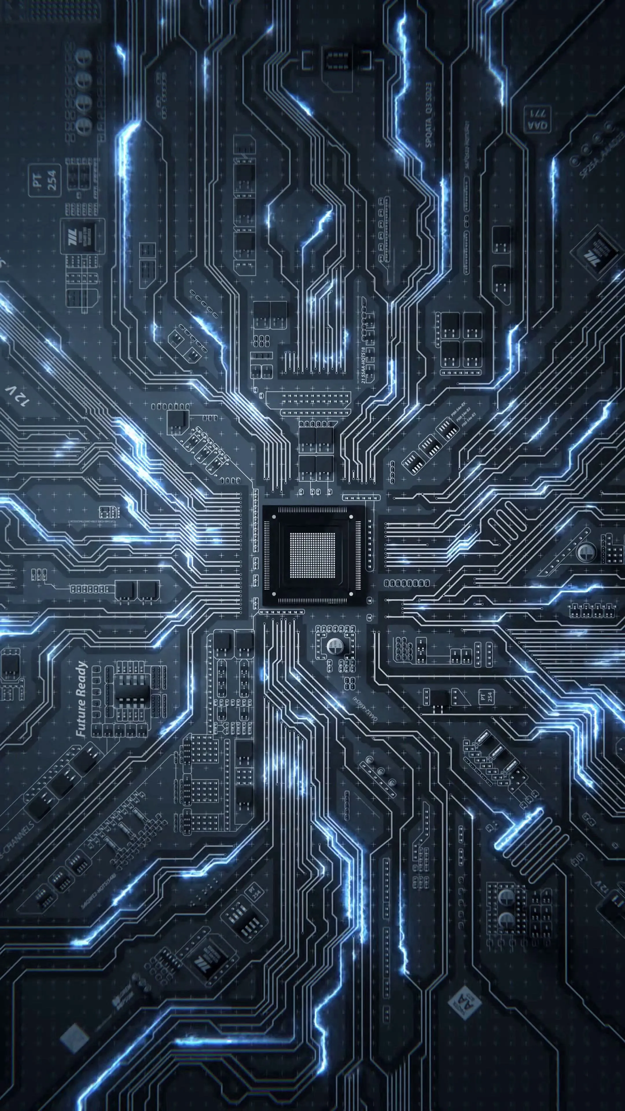 Futuristic Circuit Board Design with Blue Light Wallpaper