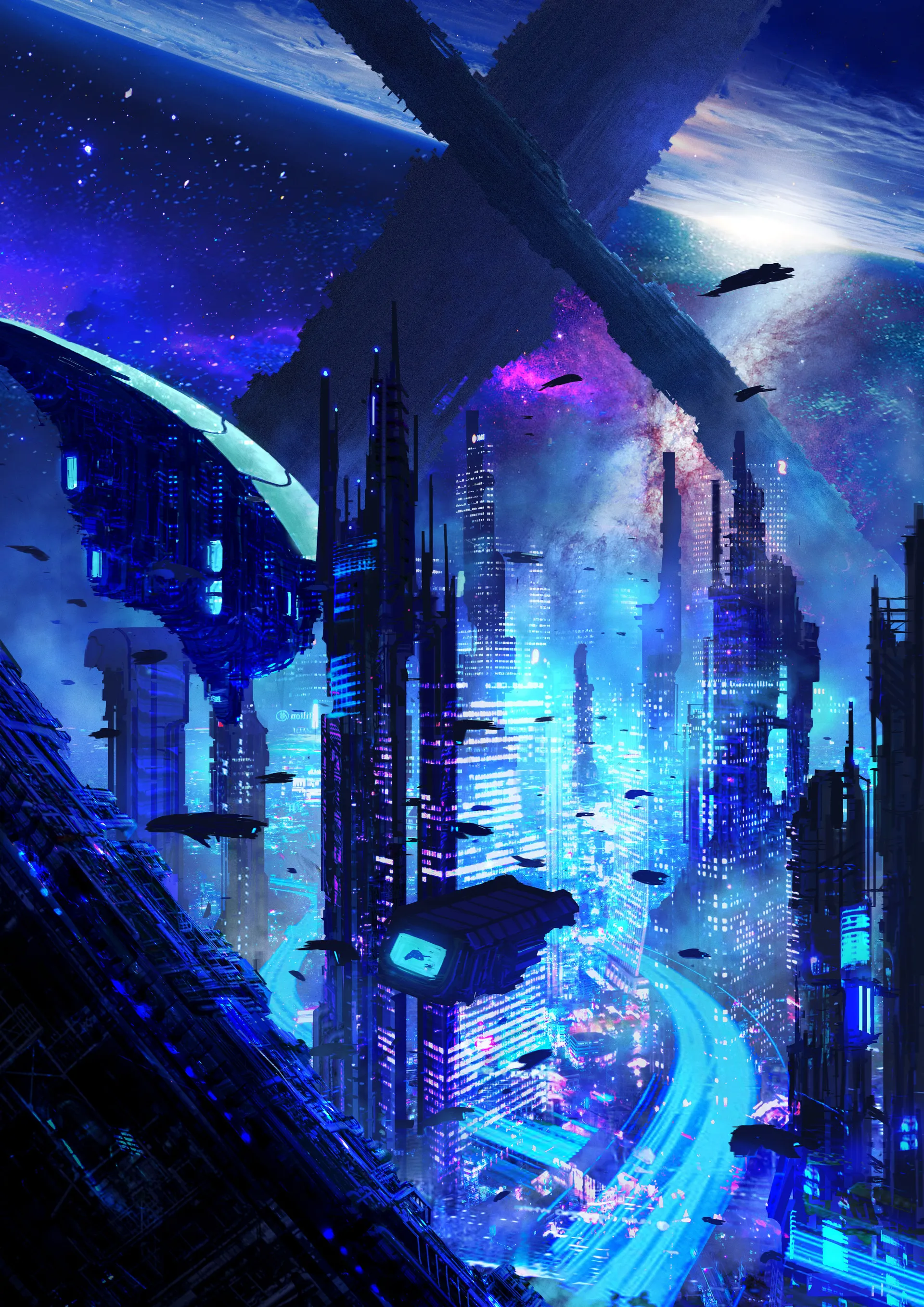 Futuristic Cityscape Glowing with Neon Lights in Space