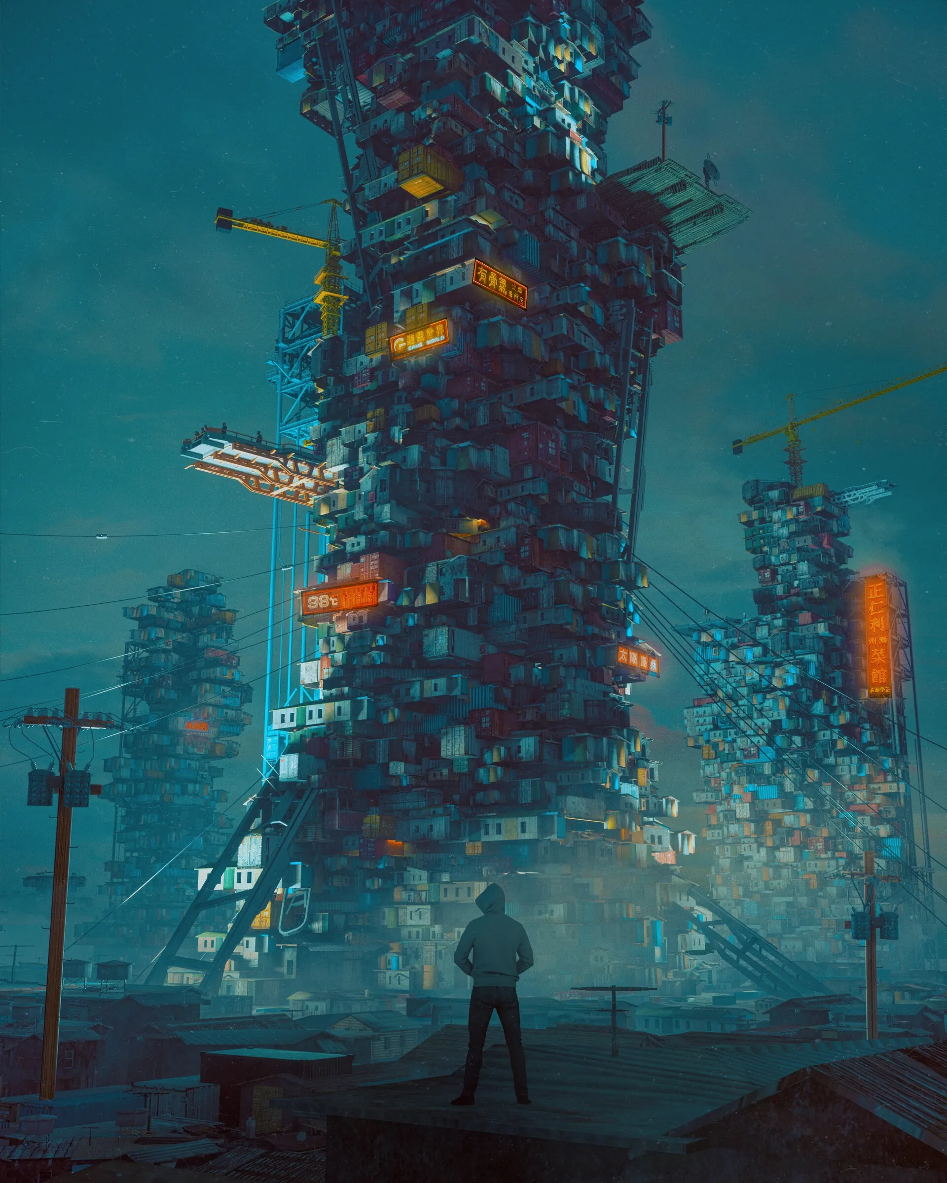 Futuristic Cityscape with Towering Neon Buildings Image
