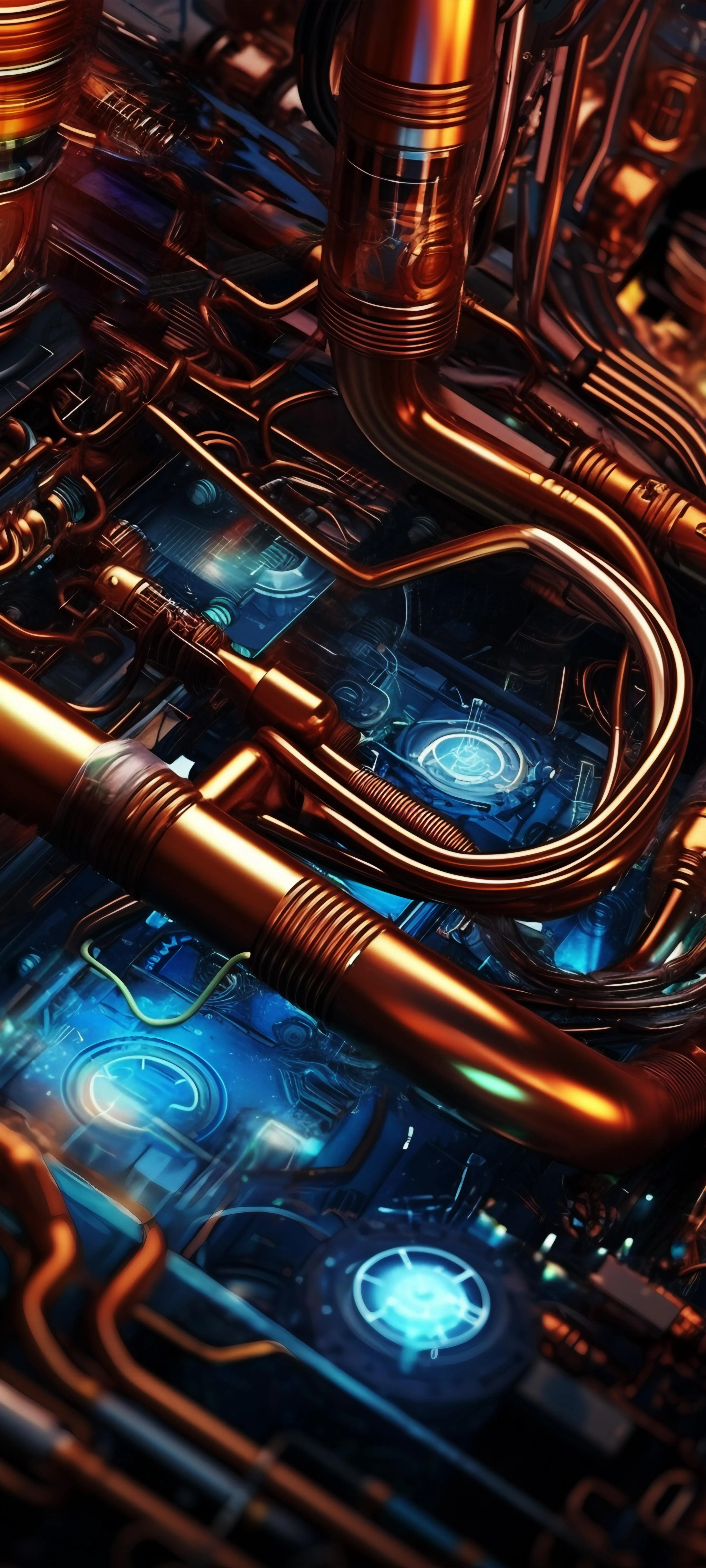 Futuristic Copper Pipes with Glowing Blue Energy Flow
