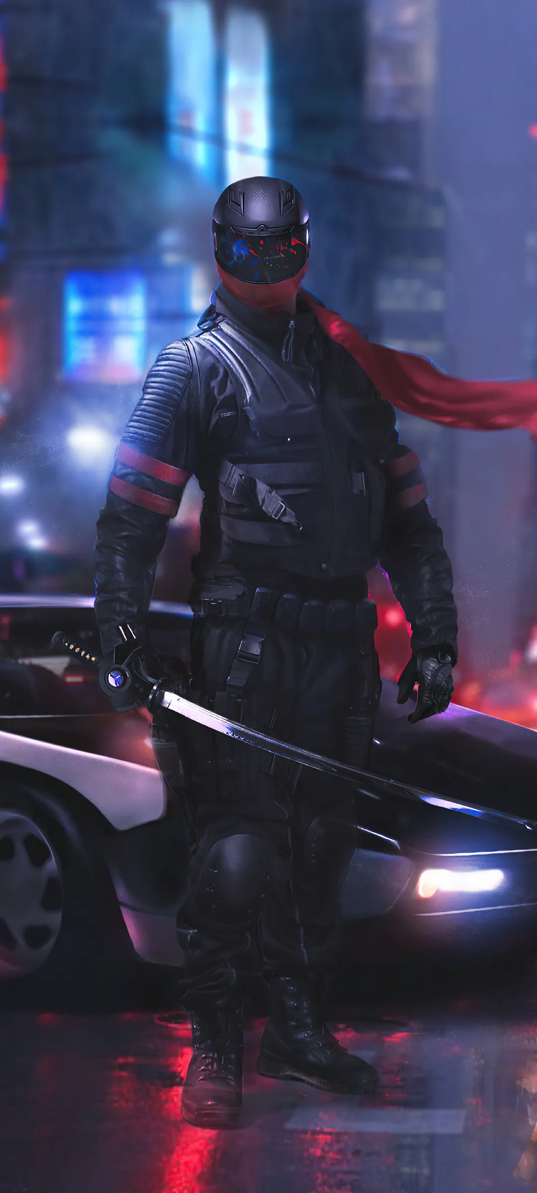 Futuristic Cyberpunk Warrior in Neon City Night Scene