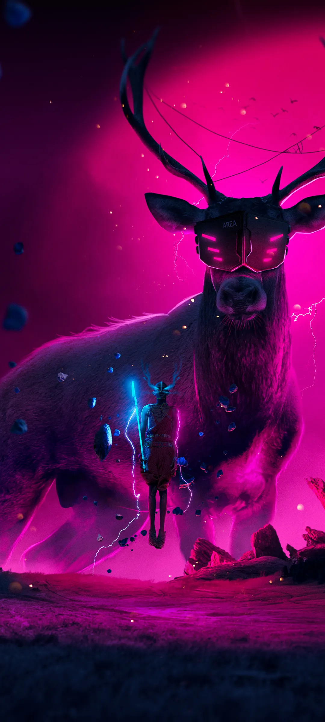 Futuristic Deer with Neon Glow and Floating Warrior Scene