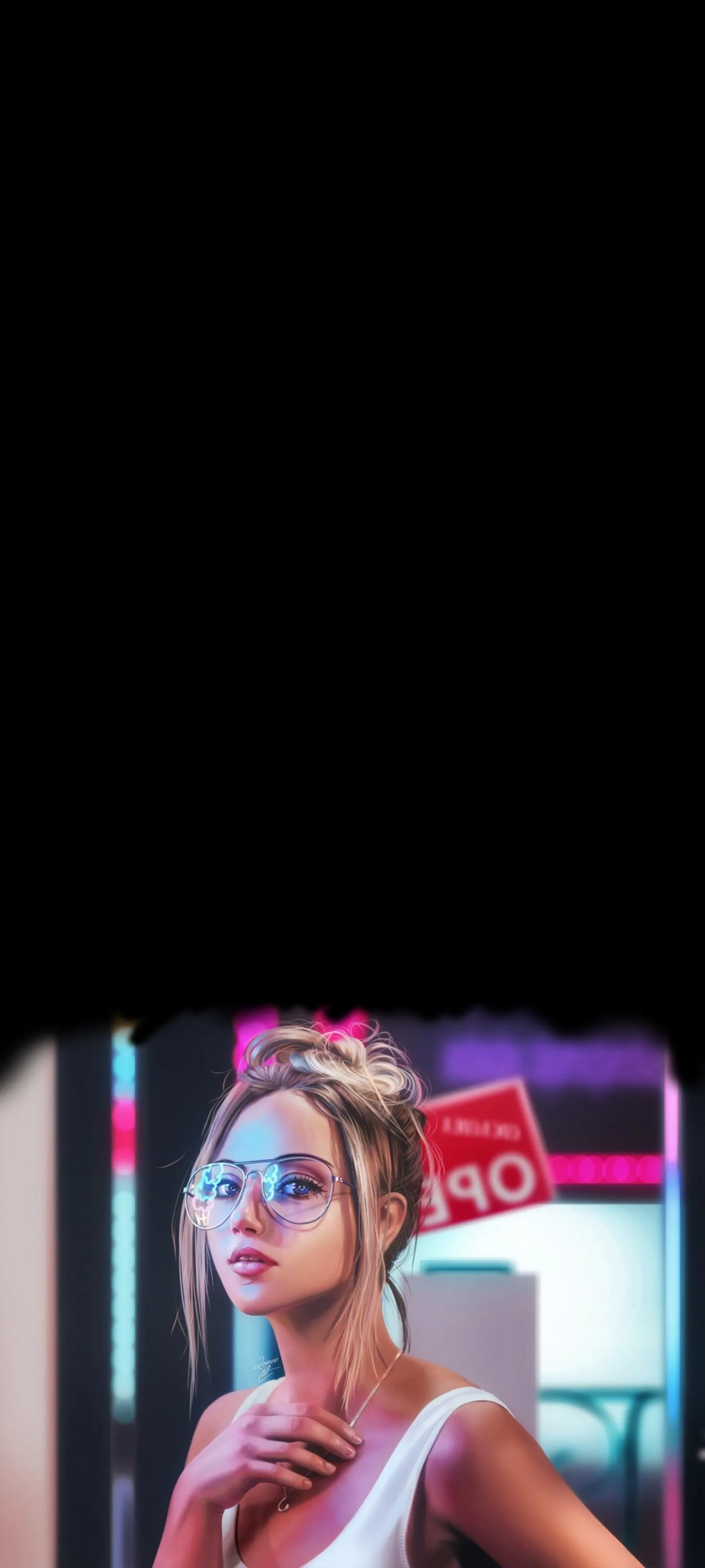 Futuristic Girl Portrait in Neon Cyberpunk City Wallpaper