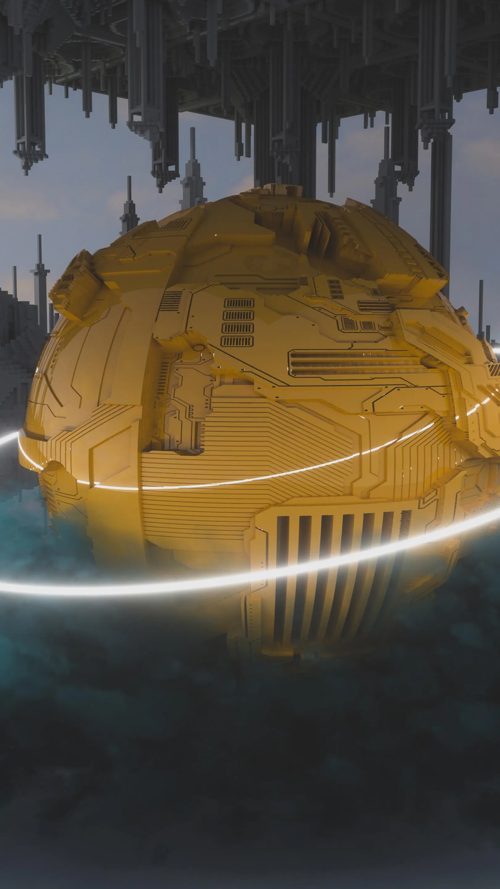 Futuristic Golden Sphere Floating Inside Sci Fi Environment