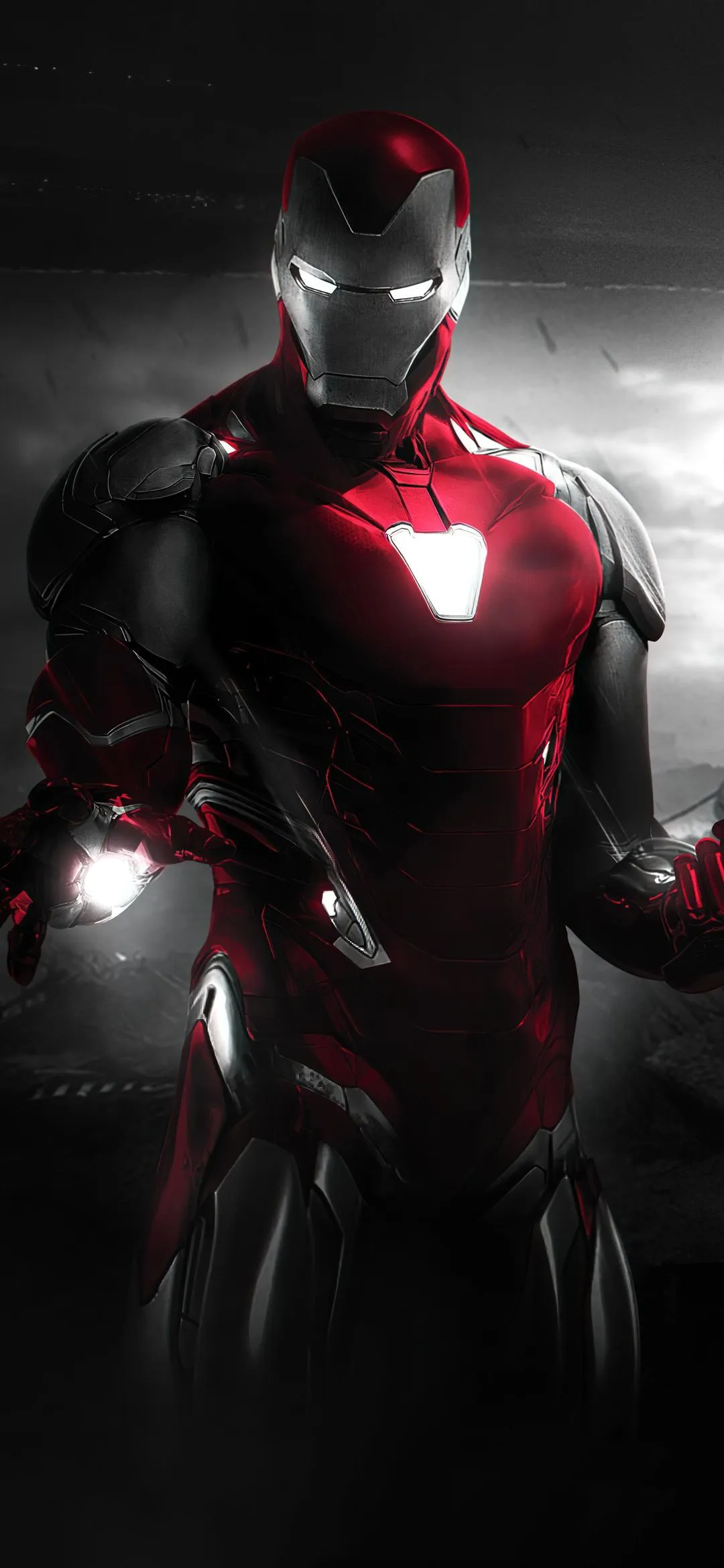 Futuristic Iron Warrior Standing in Silver Red Light