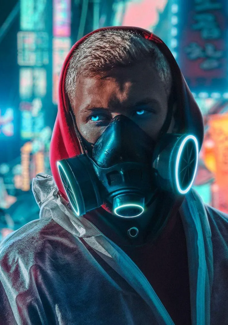 Futuristic Man Wearing Neon Mask in Cyberpunk Style