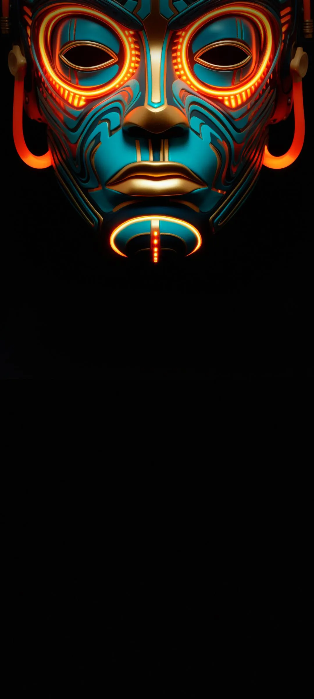Futuristic Mask Design with Neon Orange Blue Glow Wallpaper