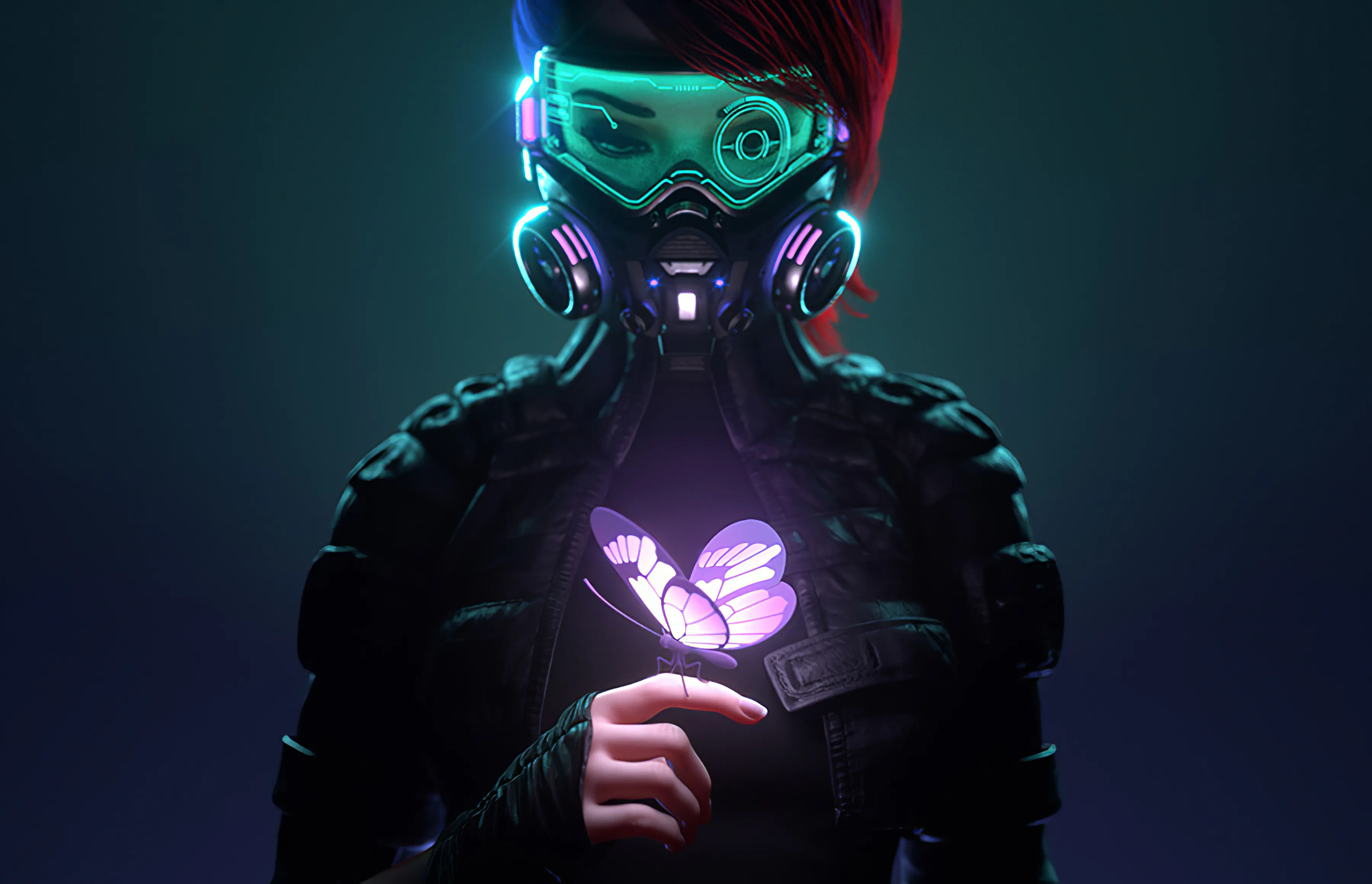 Futuristic Masked Figure Holding Glowing Butterfly Image