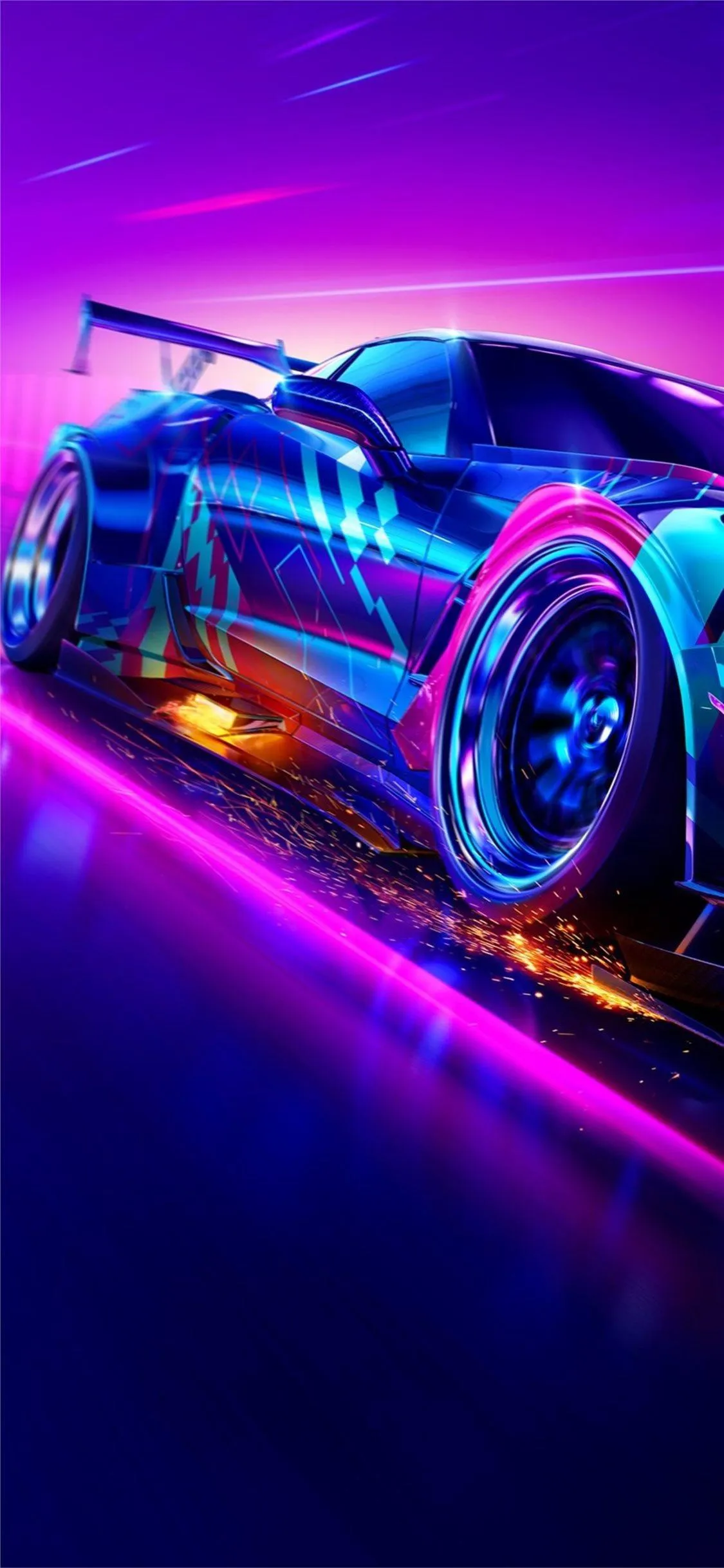 Futuristic Neon Car Racing Through Purple Light Streaks