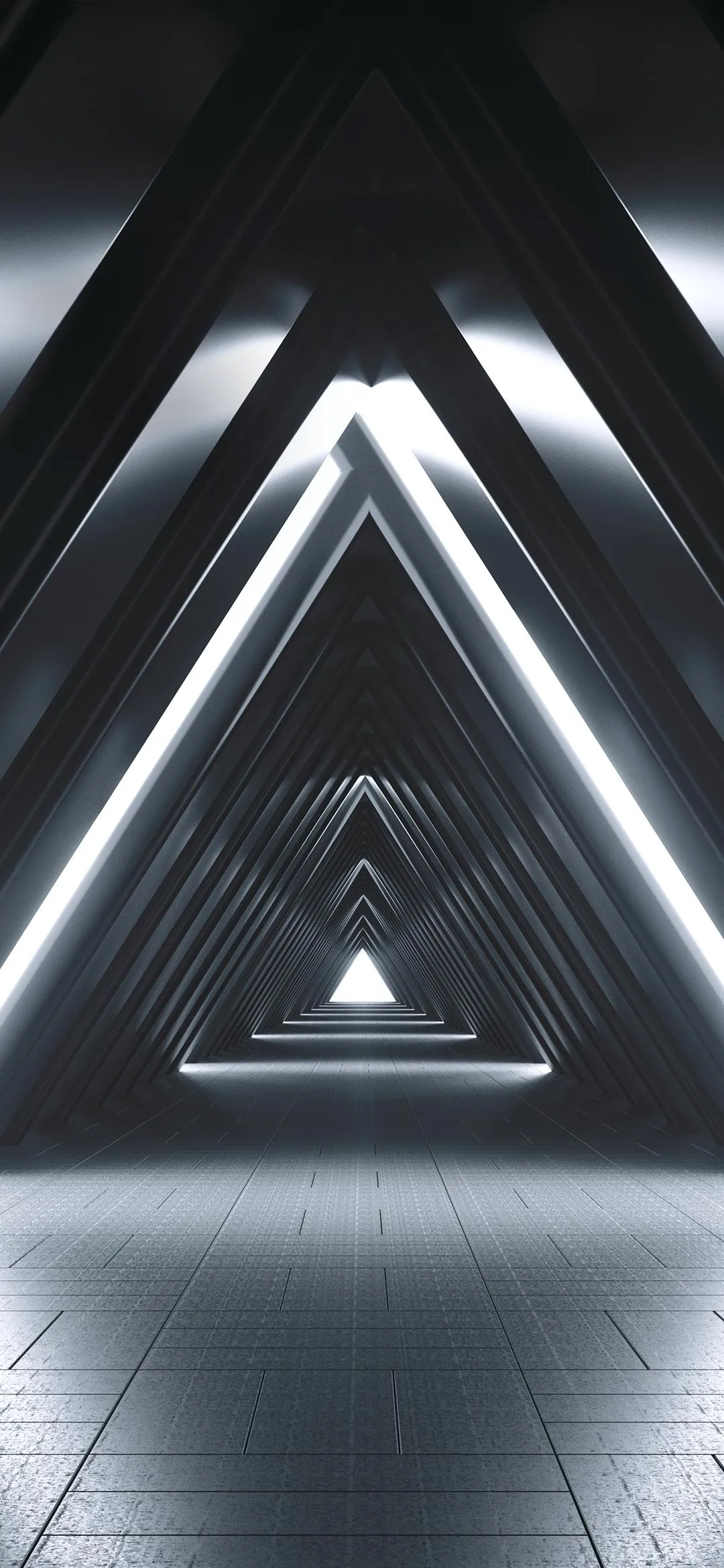 Futuristic Neon Triangle Tunnel with Bright White Light